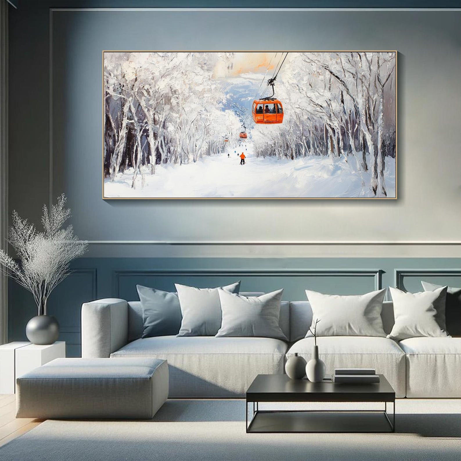 Snowy Mountain Landscape with Skiers, Landscape Canvas #SPA014