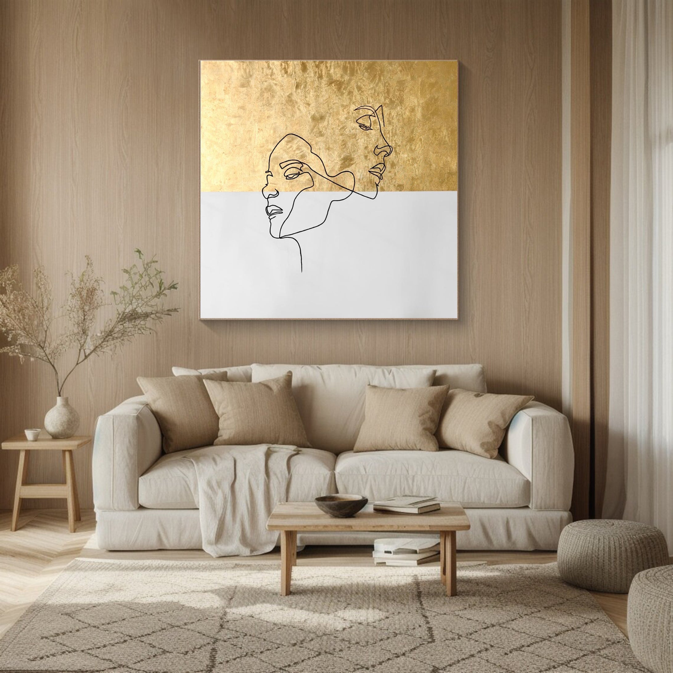 Minimalist Abstract Face Wall Art Gold and White Canvas #HF013