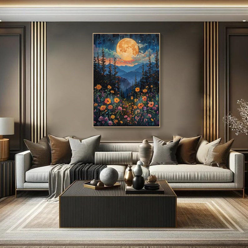 Tranquil Moonlit Meadow And Flower Field, Modern Wall Art #MM321