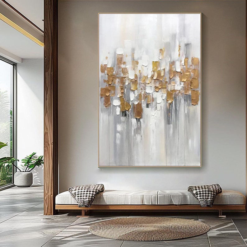 White Textured Abstract with Gold Modern Wall Art #MM294