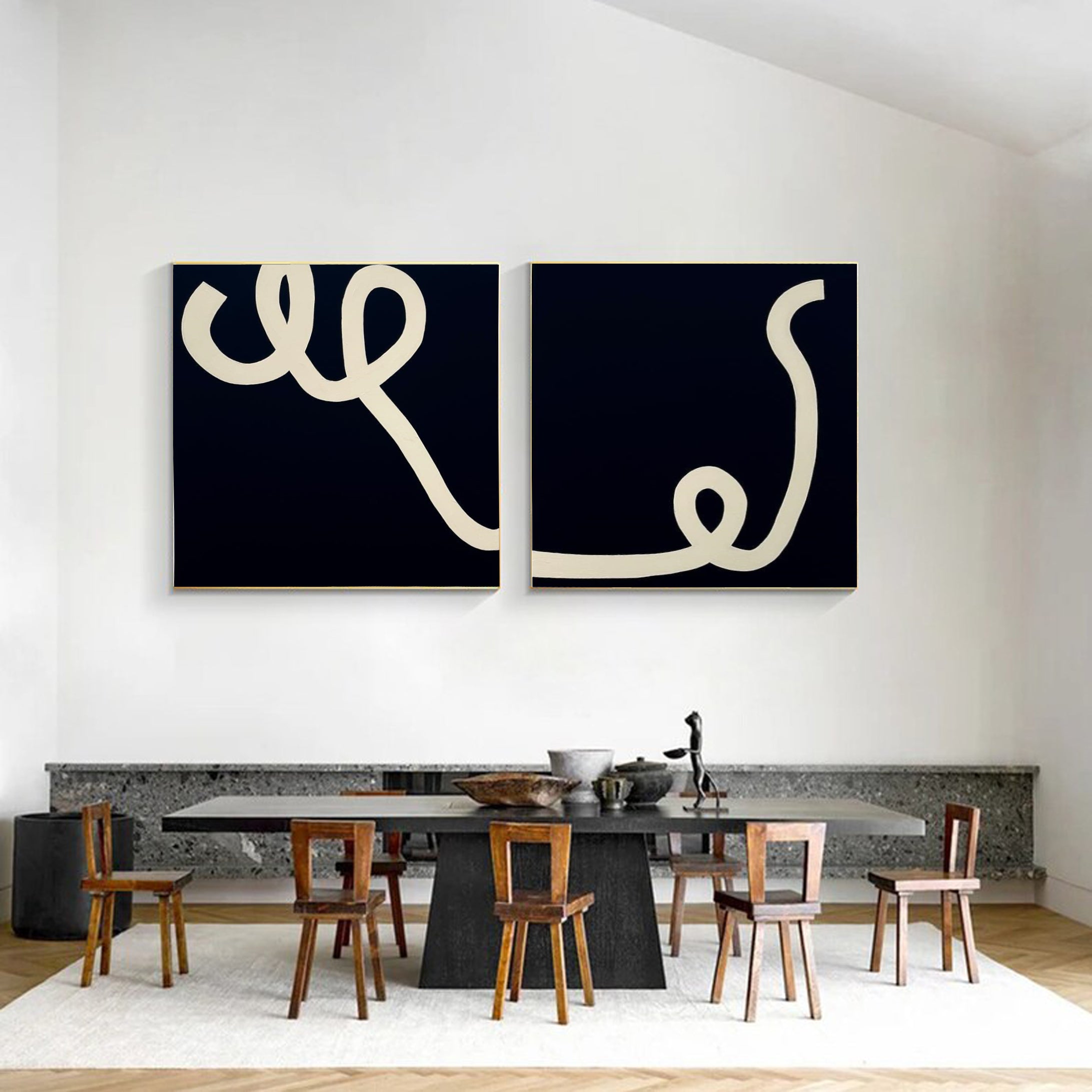 Modern Abstract Line Art Duo Minimalist Black and White Canvas #MMS012