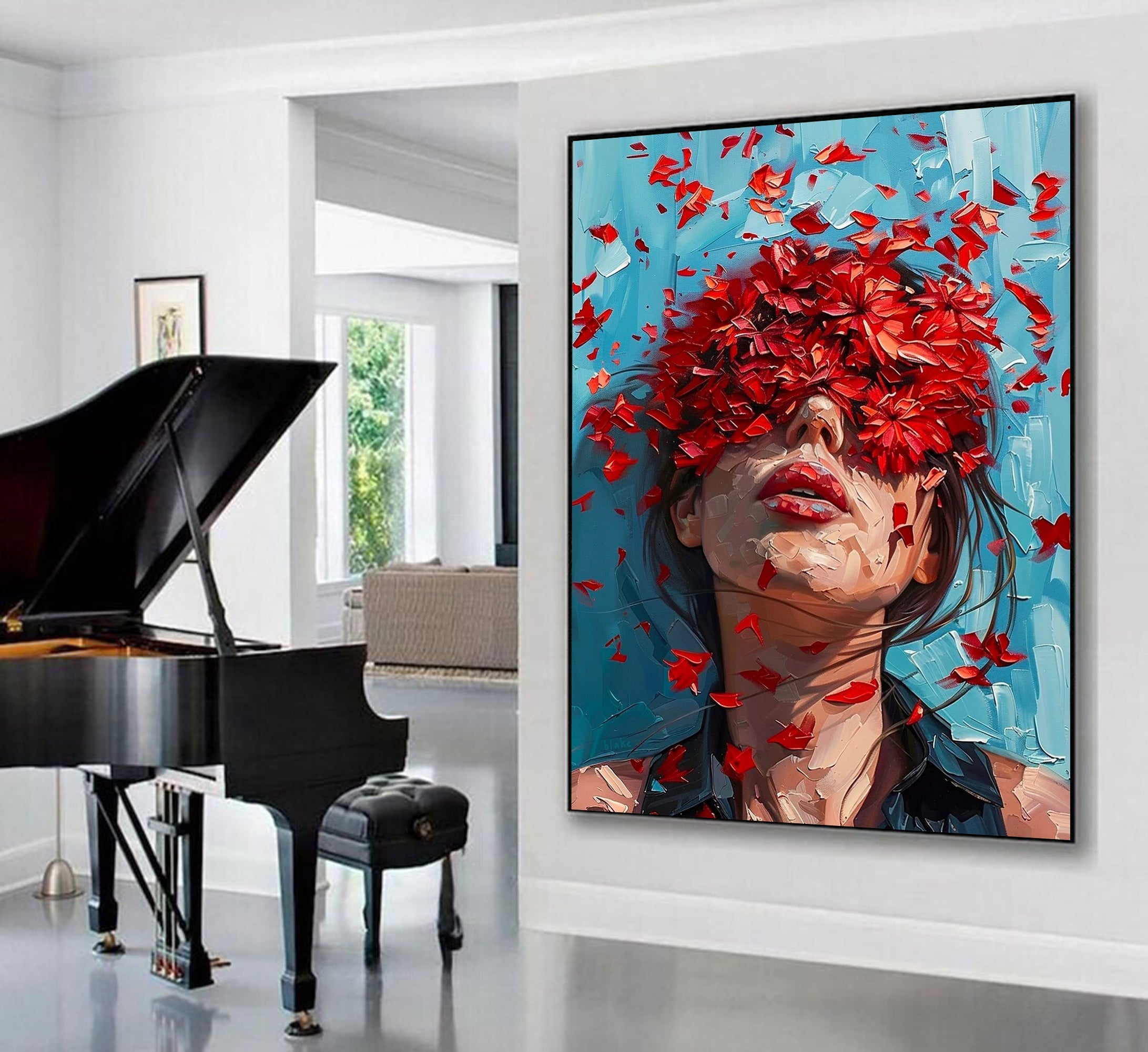 Red Blossoms Art Modern Abstract Female Portrait #HF009