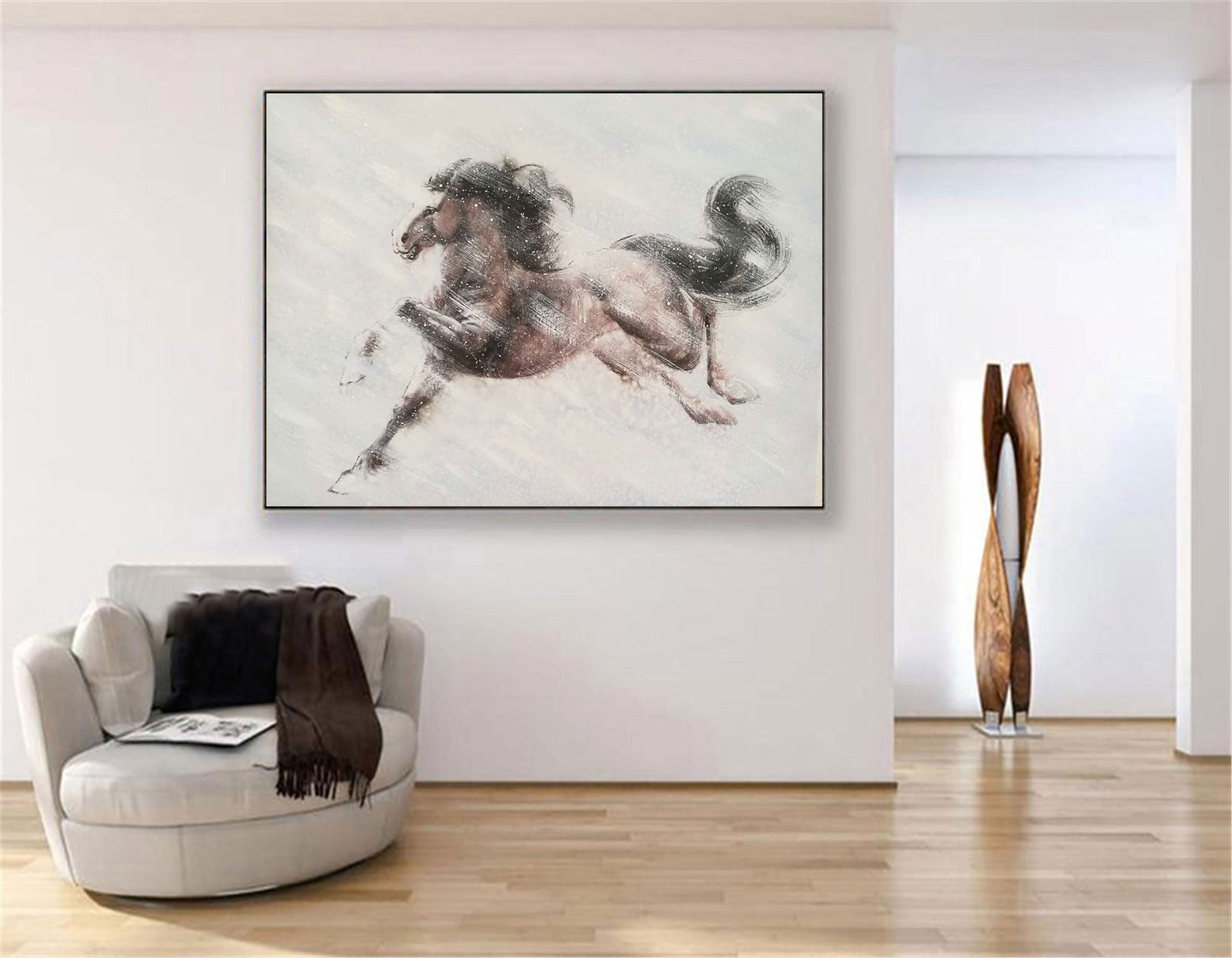 Elegant Horse Running Through Snow, Abstract Art on Canvas #MM285