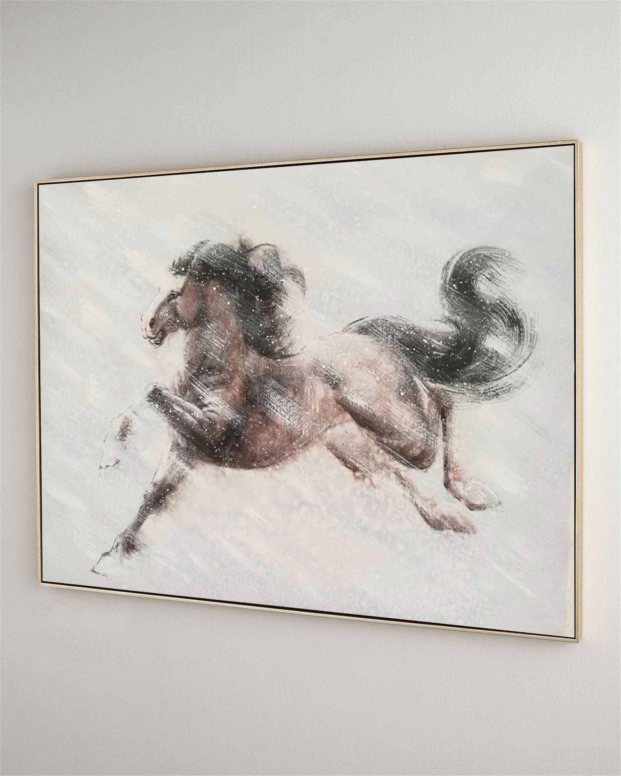 Elegant Horse Running Through Snow, Abstract Art on Canvas #MM285