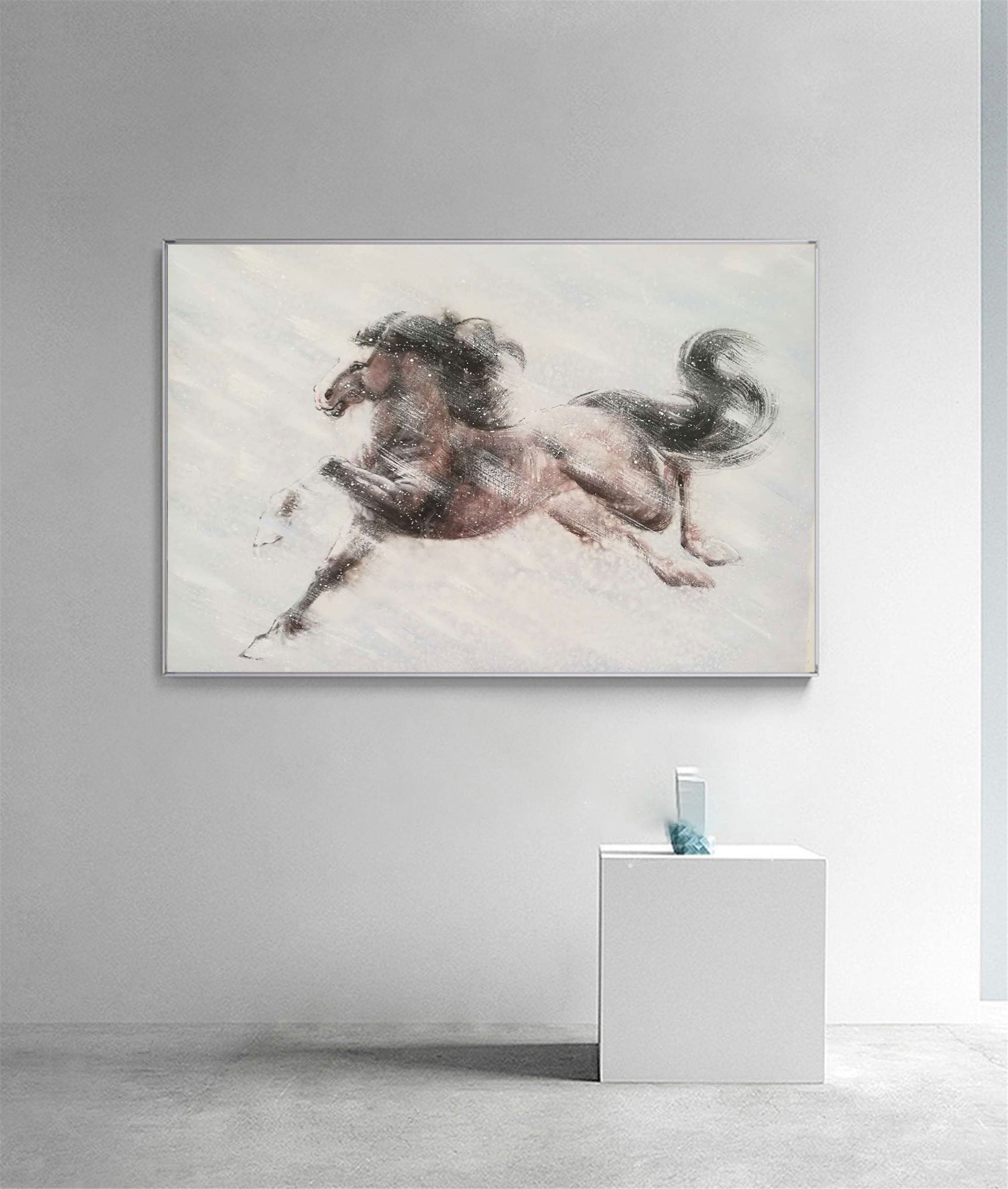 Elegant Horse Running Through Snow, Abstract Art on Canvas #MM285