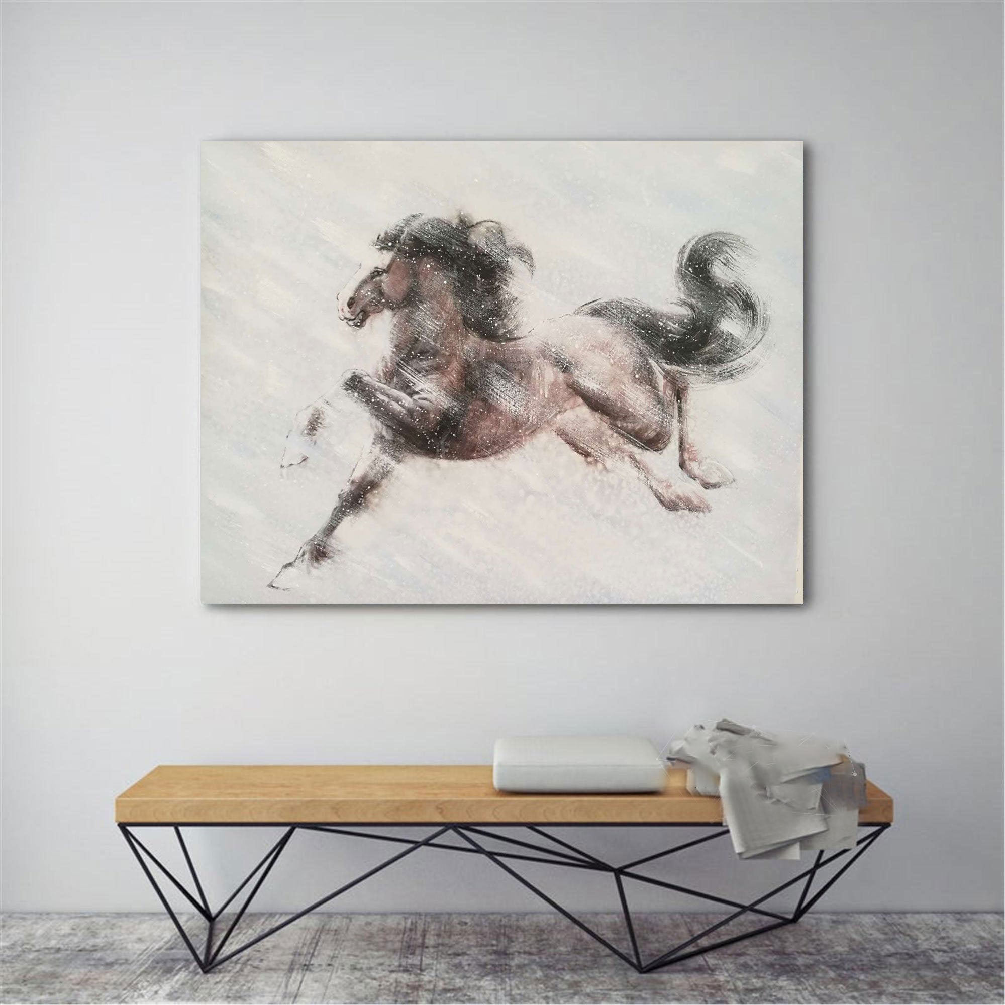 Elegant Horse Running Through Snow, Abstract Art on Canvas #MM285