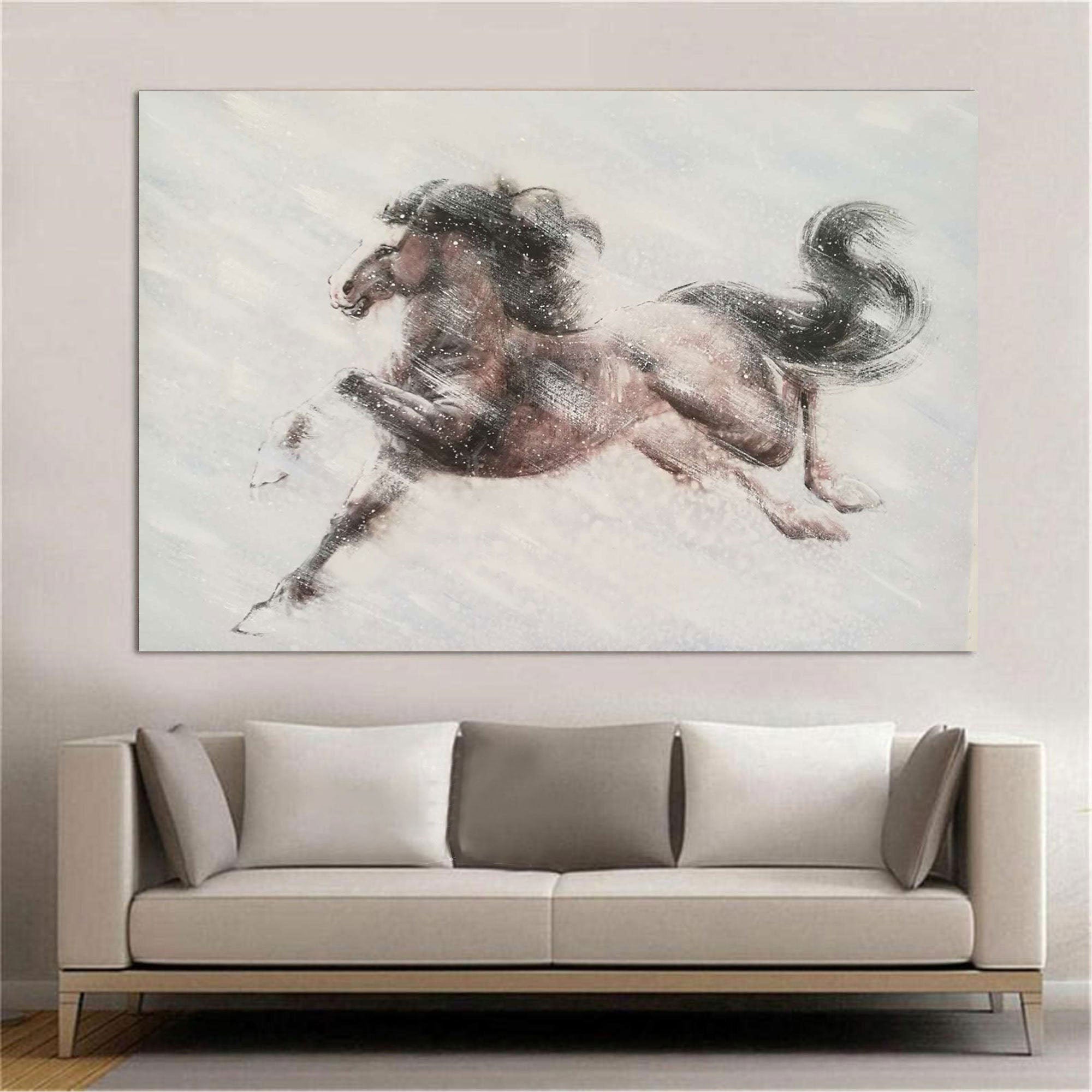 Elegant Horse Running Through Snow, Abstract Art on Canvas #MM285