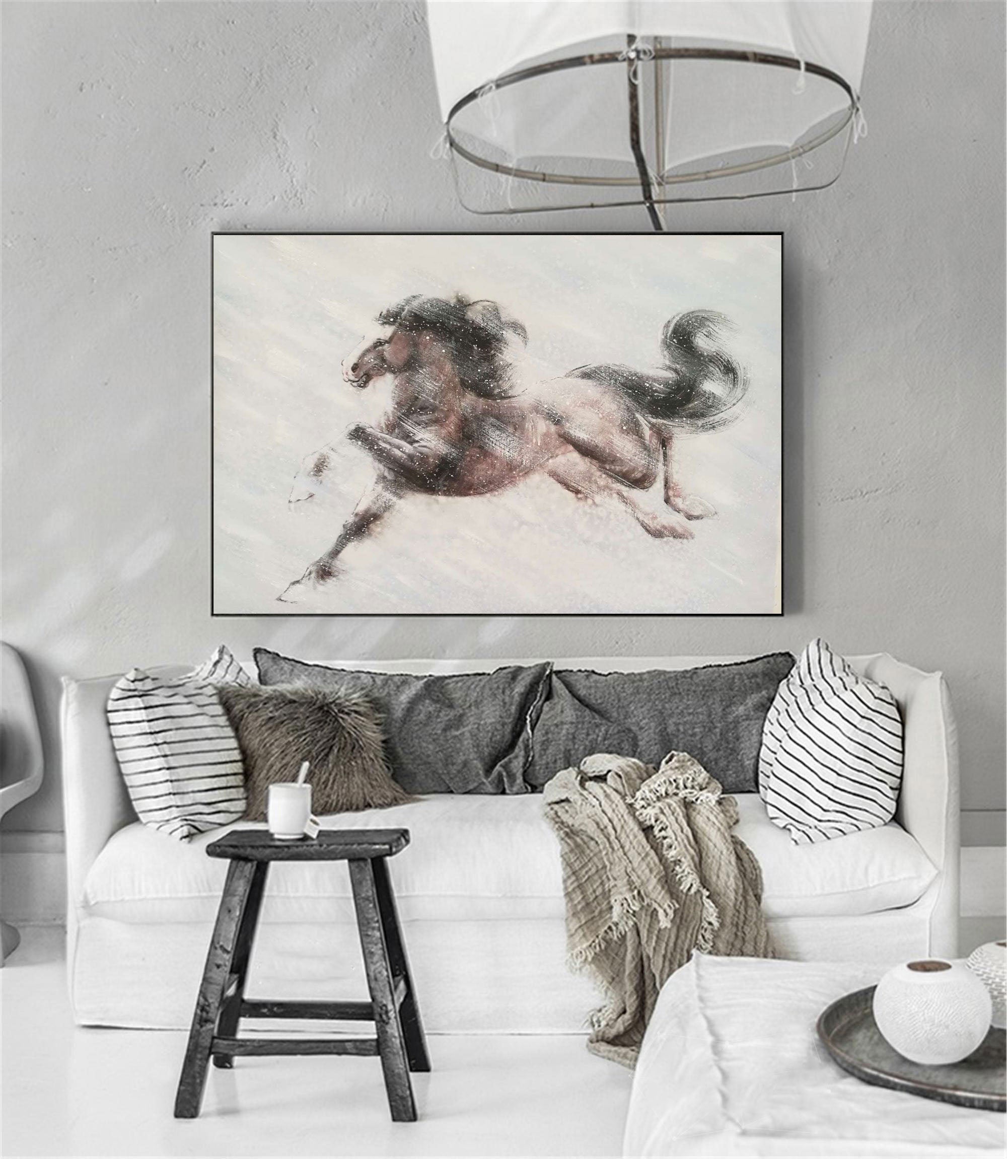 Elegant Horse Running Through Snow, Abstract Art on Canvas #MM285