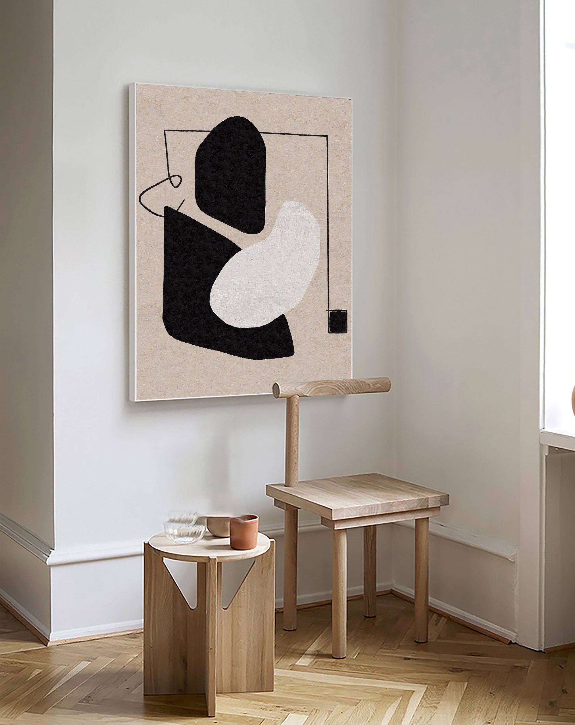 Modern Minimalist Abstract Art with Black and White Shapes on Canvas #MM257