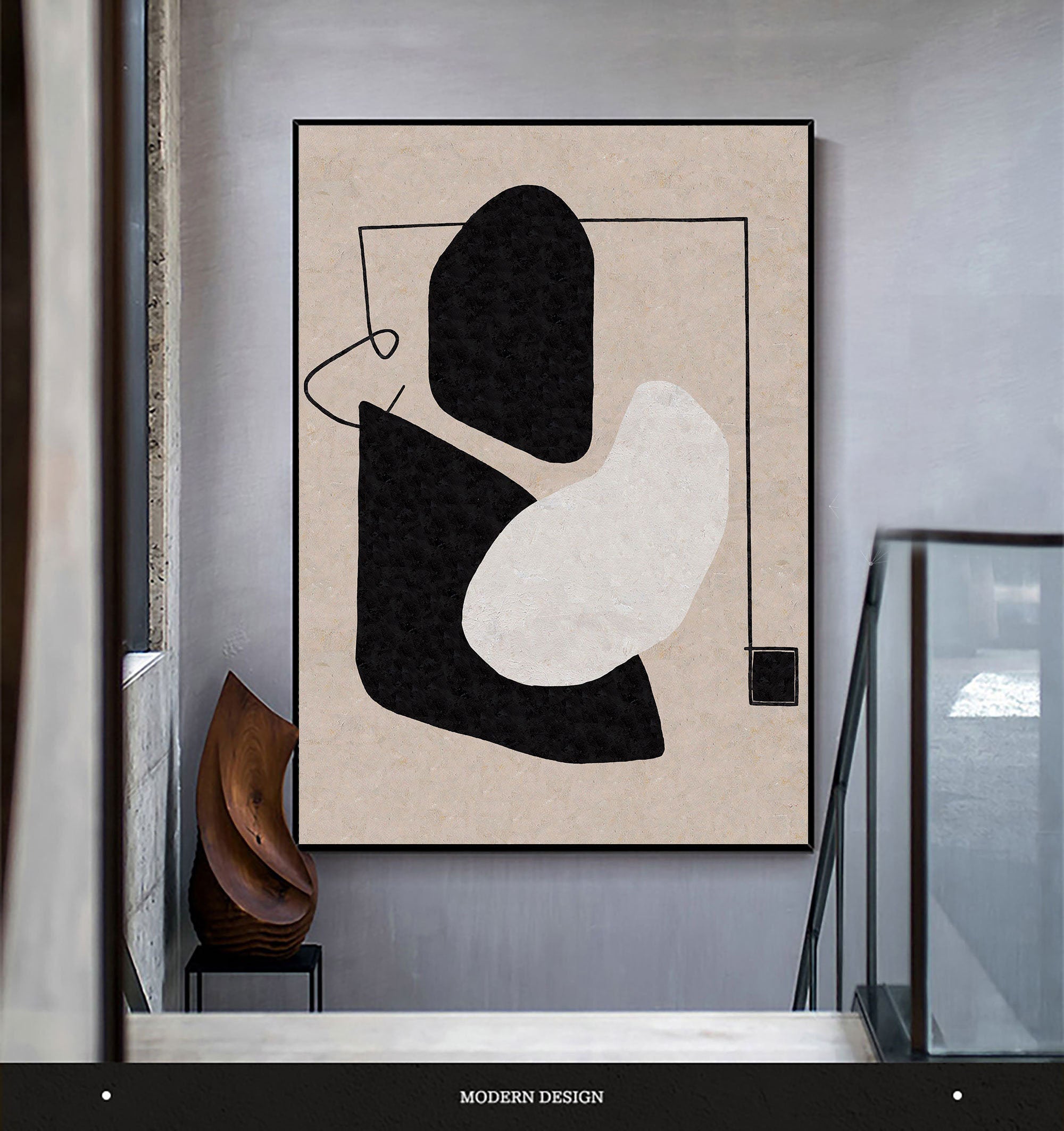 Modern Minimalist Abstract Art with Black and White Shapes on Canvas #MM257