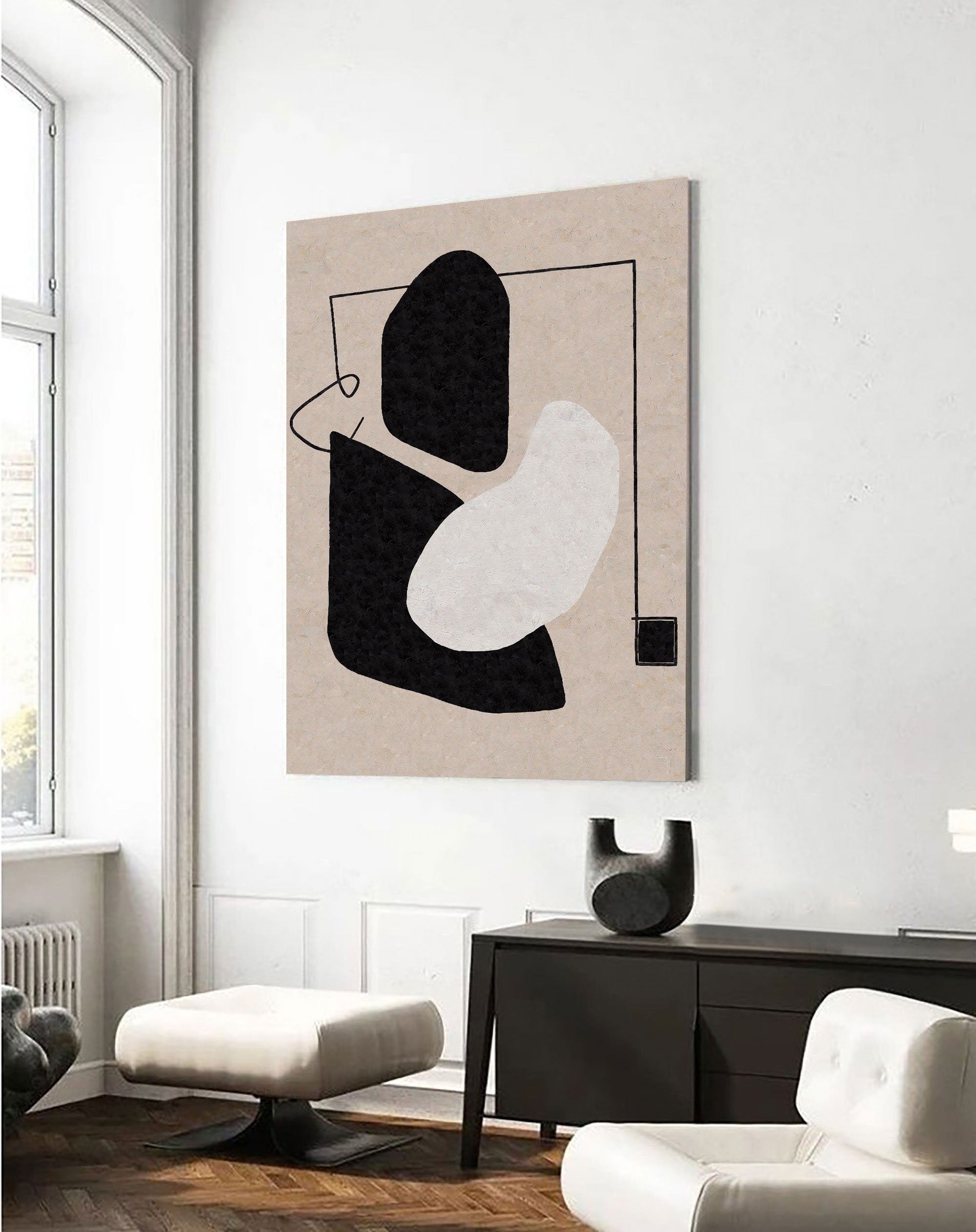 Modern Minimalist Abstract Art with Black and White Shapes on Canvas #MM257