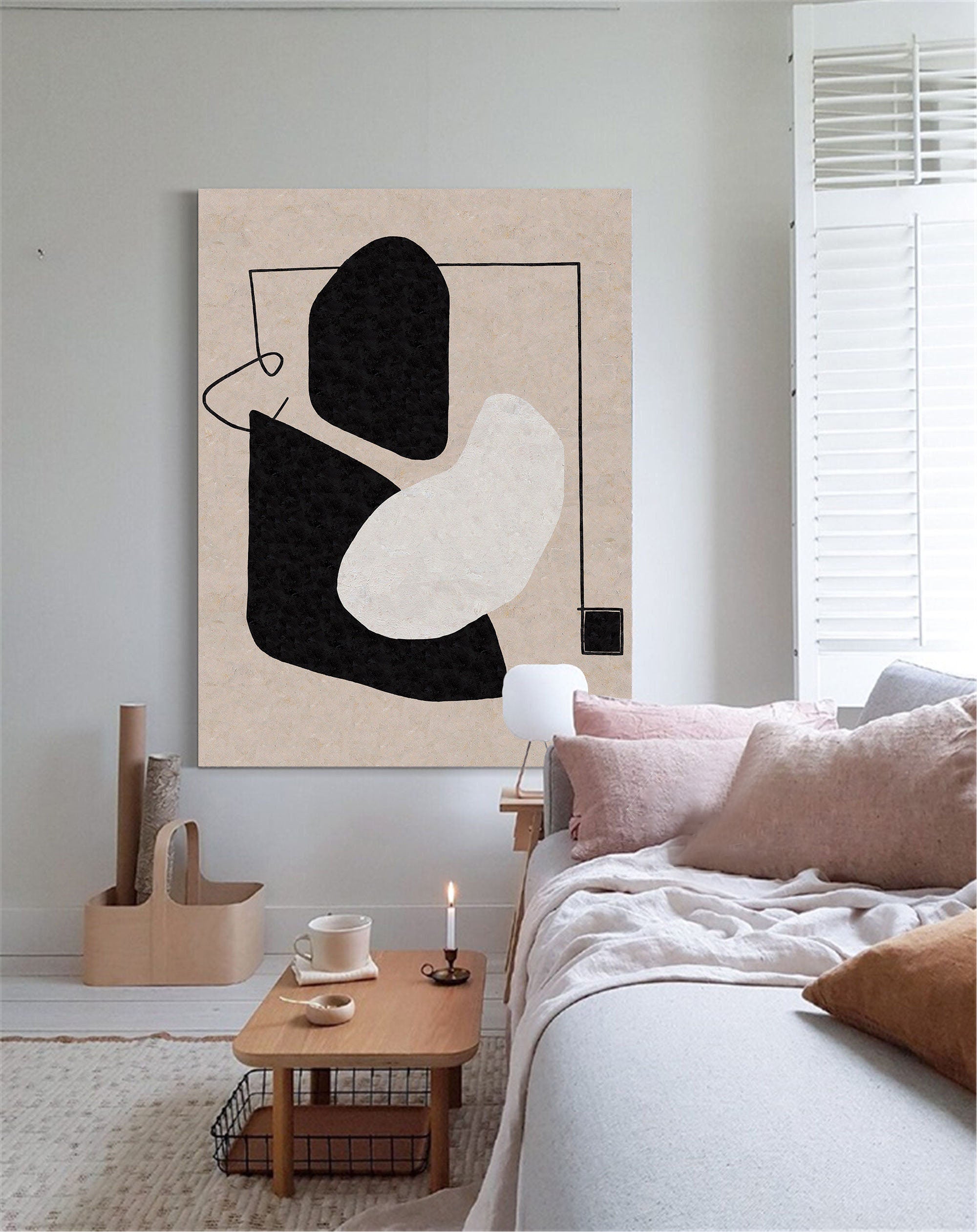 Modern Minimalist Abstract Art with Black and White Shapes on Canvas #MM257