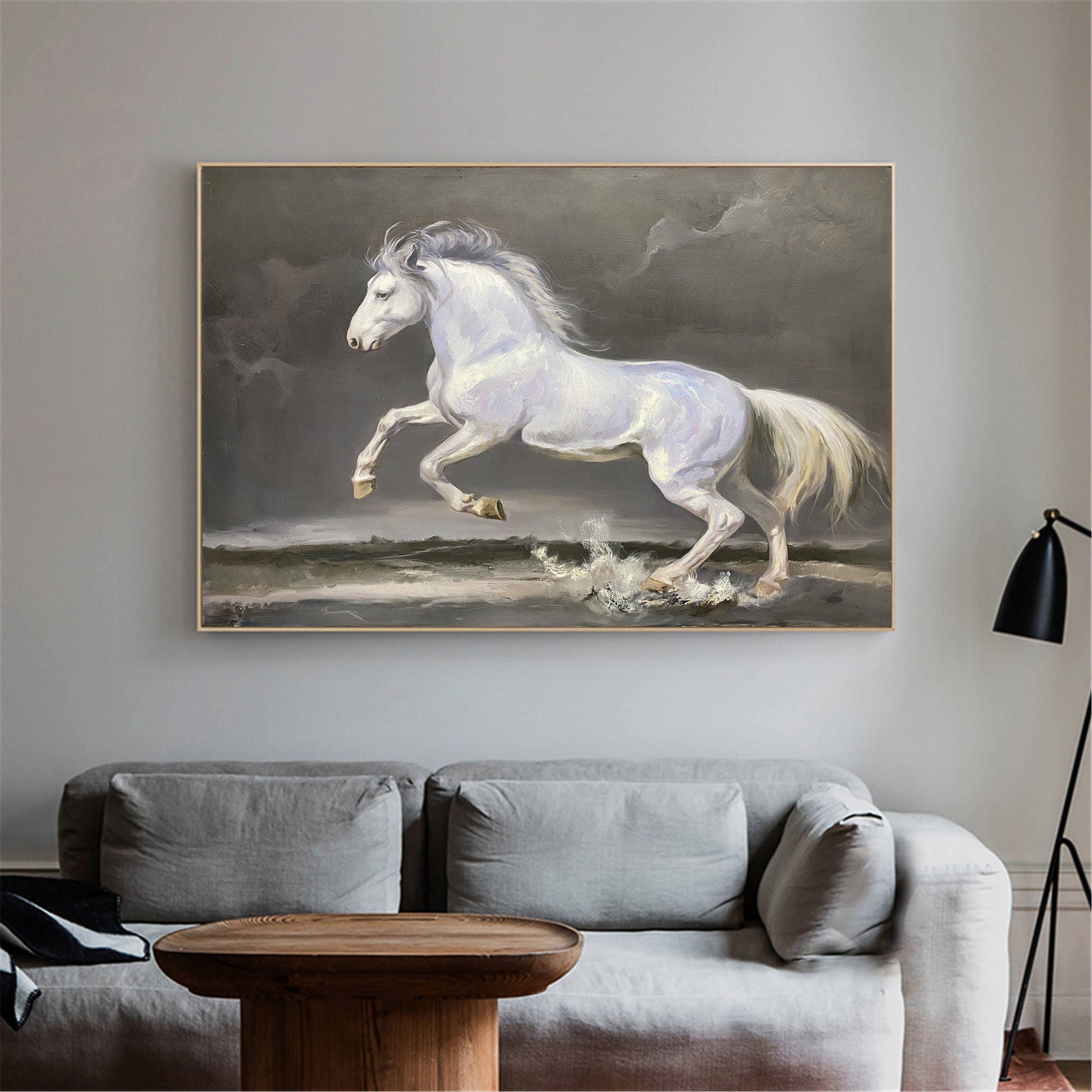 Majestic White Horse Galloping Through Water Oil Painting