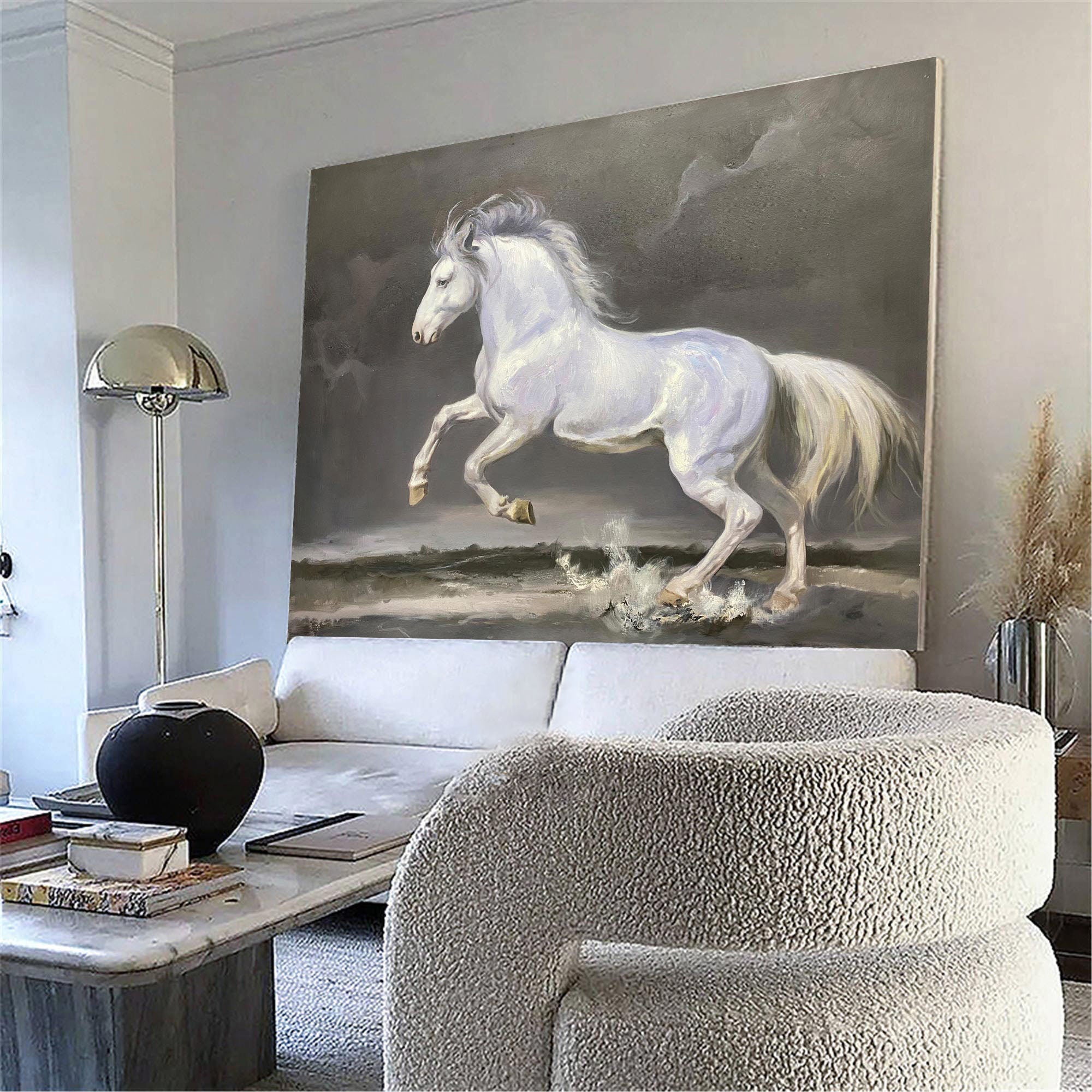 Majestic White Horse Galloping Through Water Oil Painting on Canvas #MM301