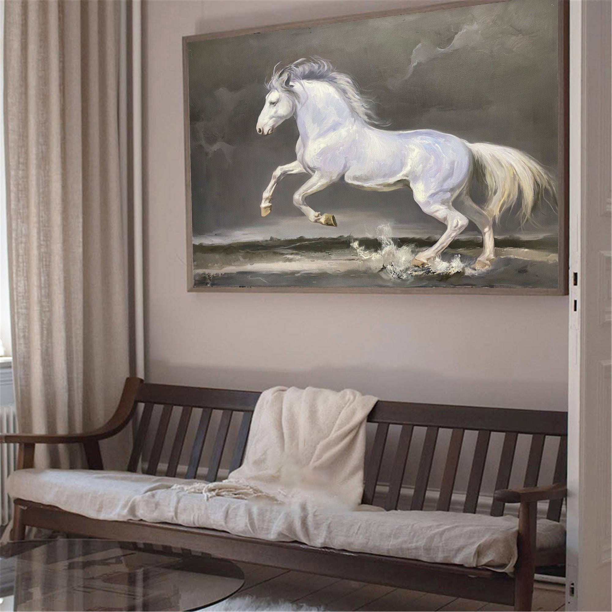 Majestic White Horse Galloping Through Water Oil Painting on Canvas #MM301