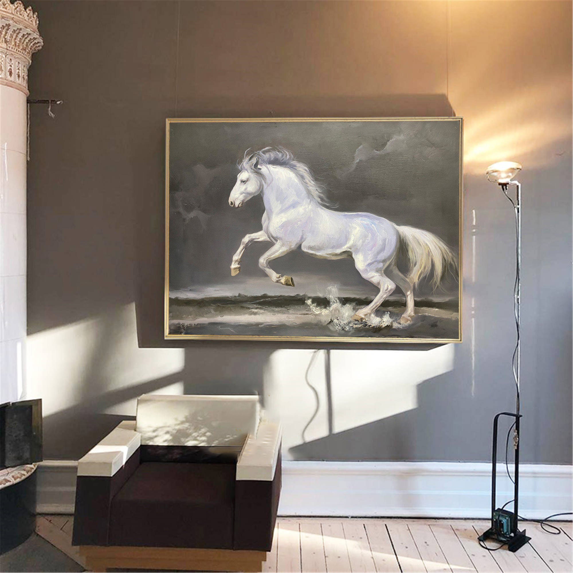 Majestic White Horse Galloping Through Water Oil Painting on Canvas #MM301