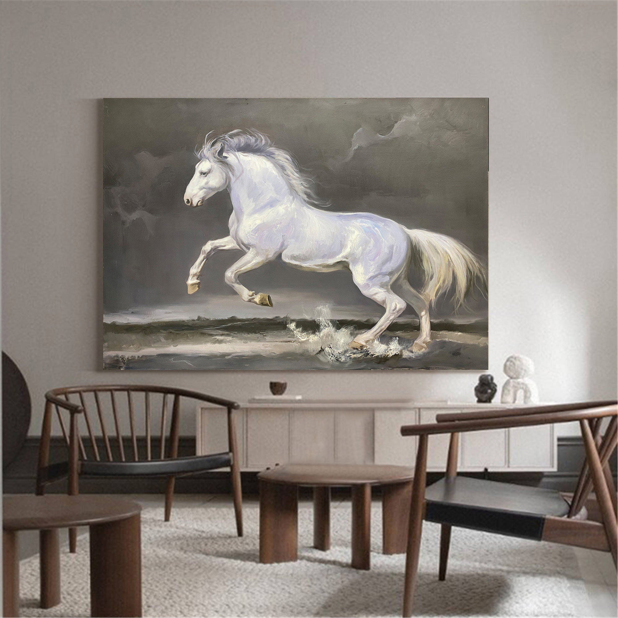 Majestic White Horse Galloping Through Water Oil Painting on Canvas #MM301