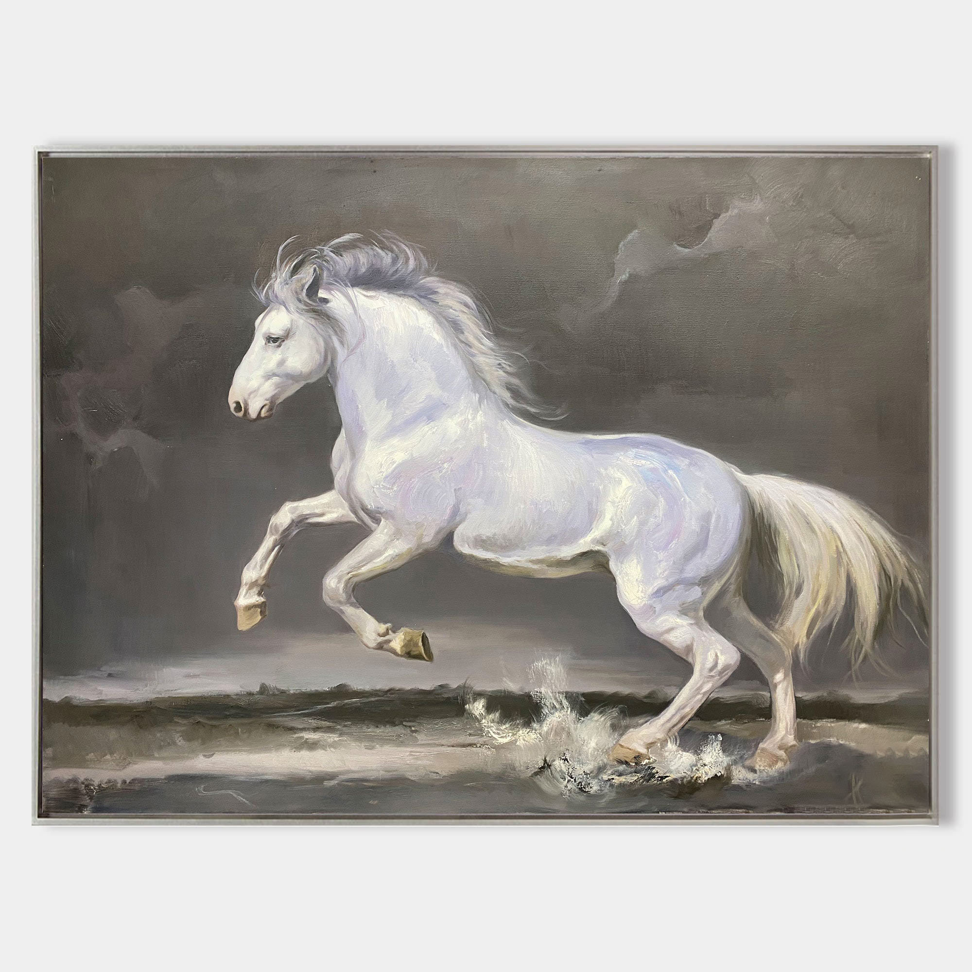 Majestic White Horse Galloping Through Water Oil Painting on Canvas #MM301