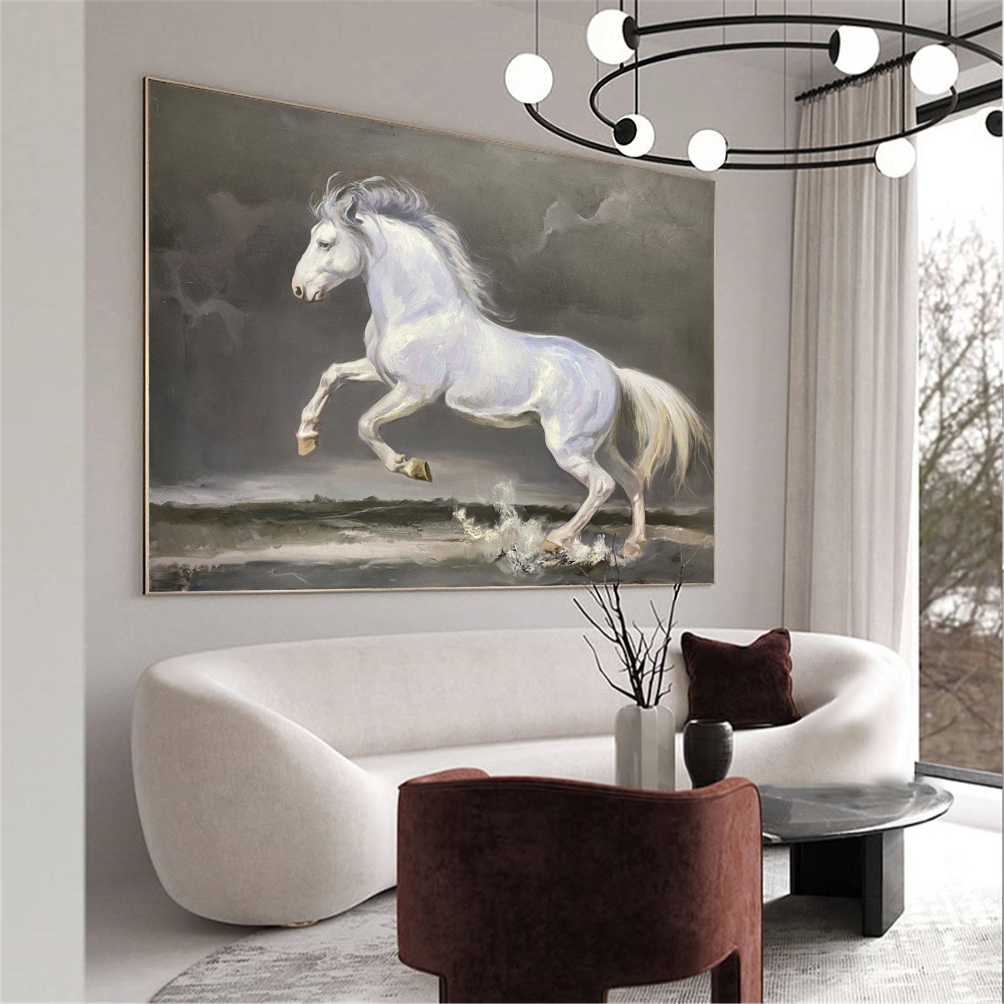 Majestic White Horse Galloping Through Water Oil Painting on Canvas #MM301