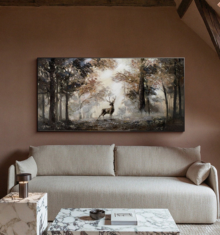 Serene Stag in Forest Landscape, Beautiful Nature Oil Painting on Canvas #MM302