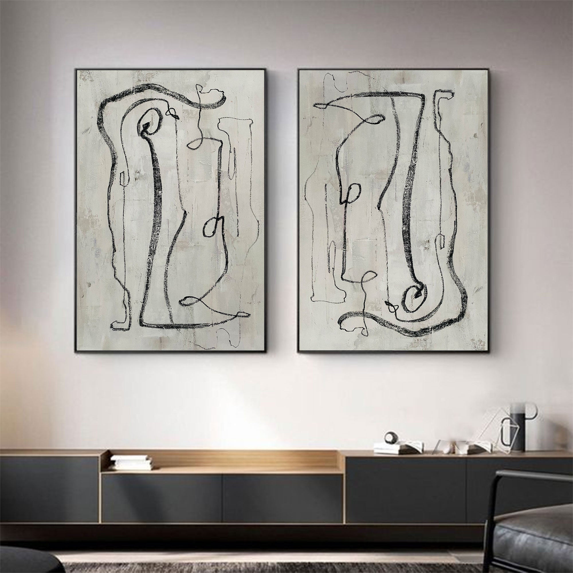 Black And White Contemporary Line Art Diptych, Minimalist Wall Art #MM330