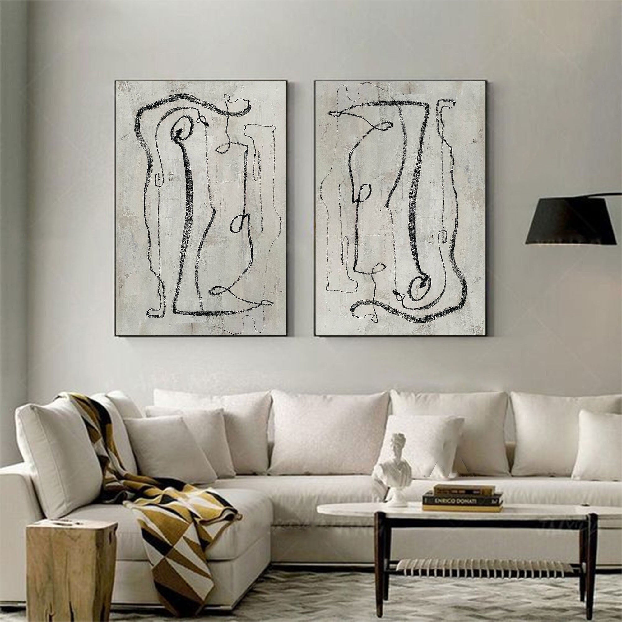 Black And White Contemporary Line Art Diptych, Minimalist Wall Art #MM330