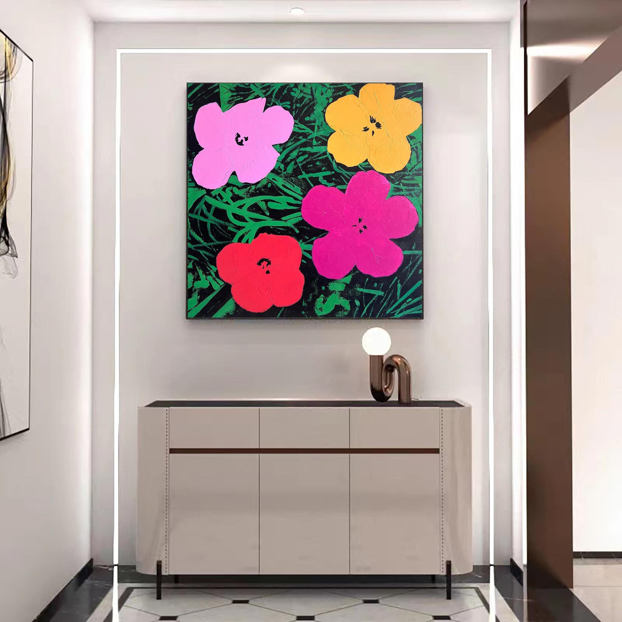 Colorful Warhol-Style Flowers With Bold Design, Pop Art Canvas #FB038