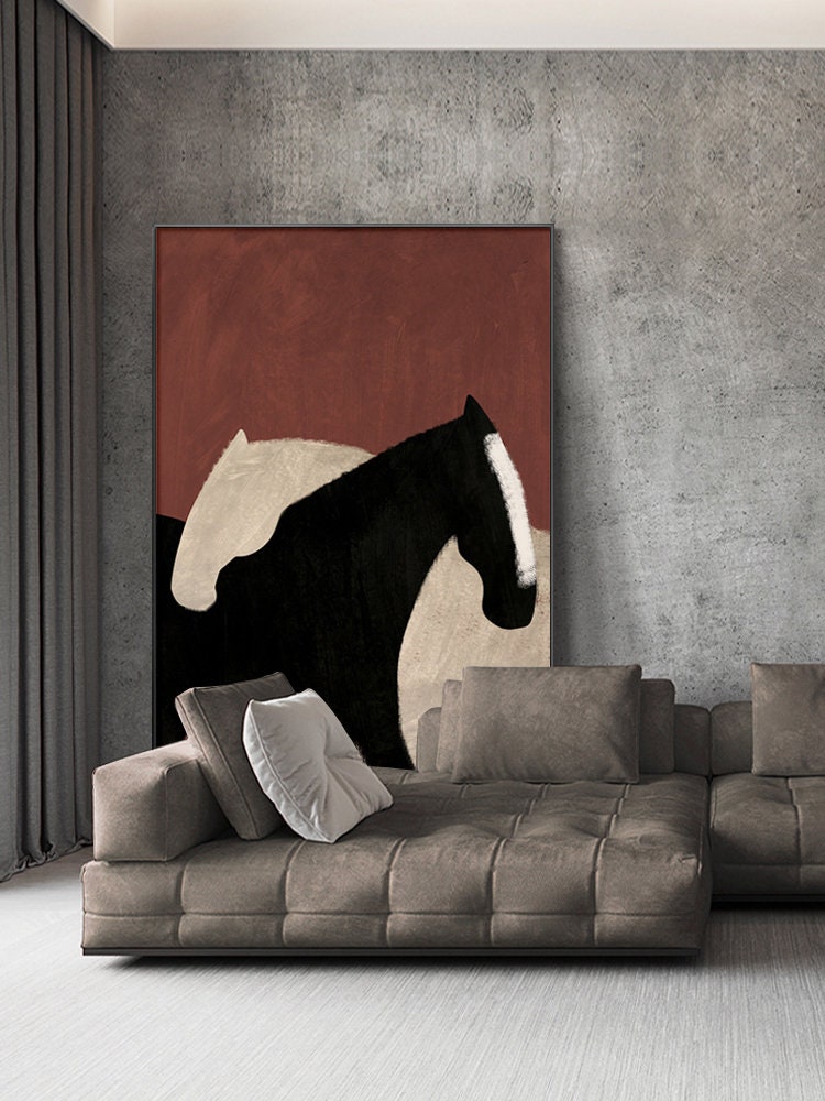 Black & White Horse Art, Minimalist Style, Modern Painting #MM306