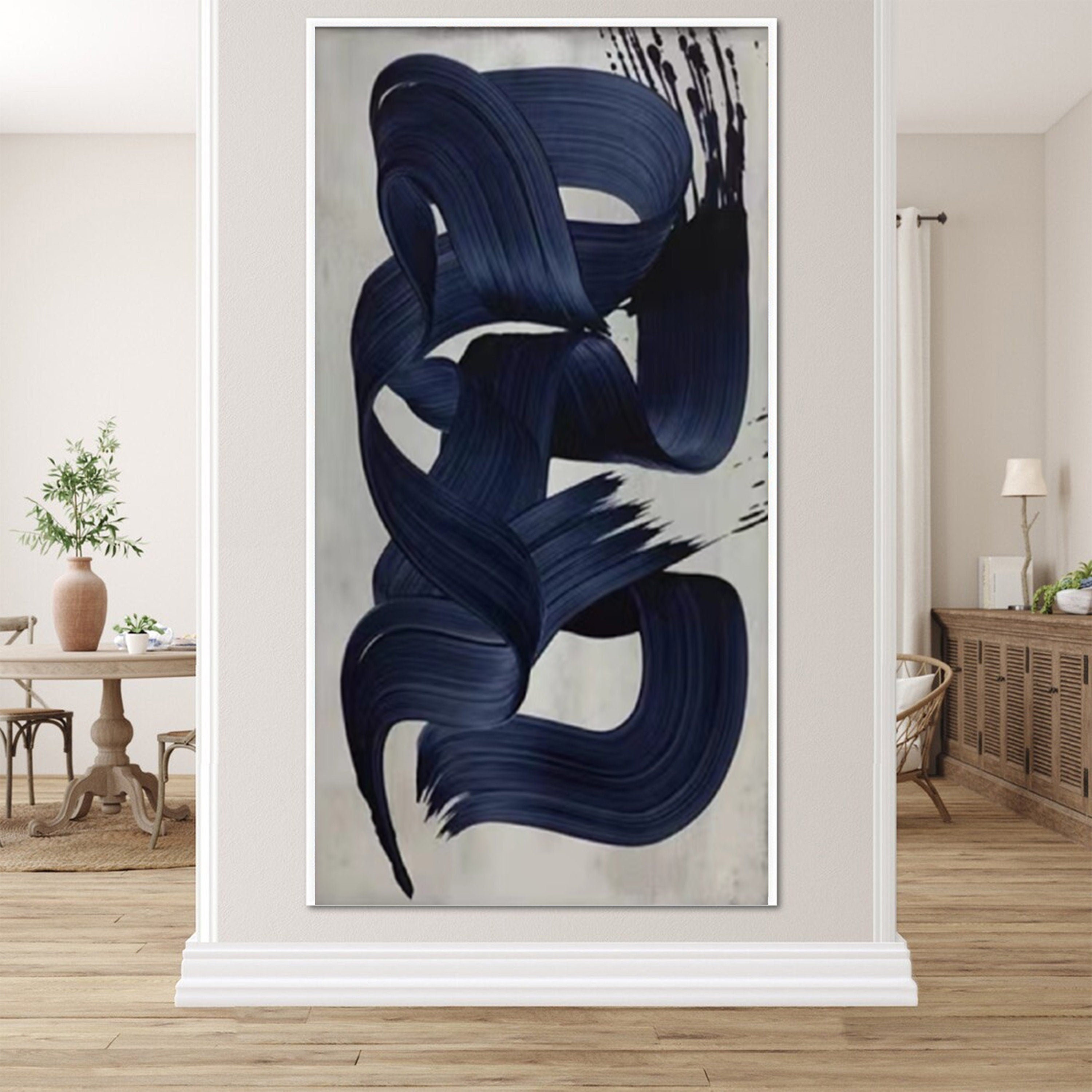 Large Blue Brushstroke Abstract Modern Canvas Art #MM279