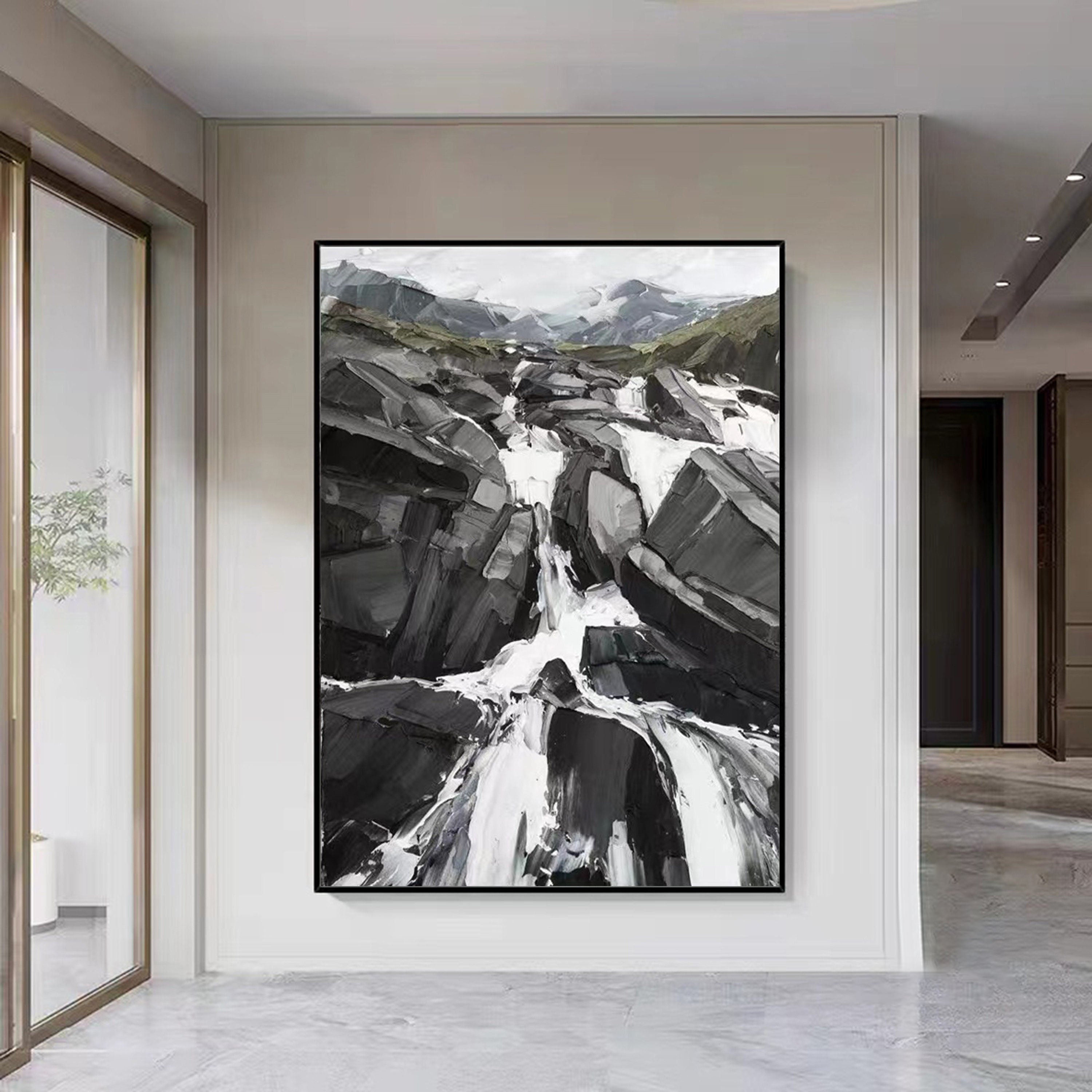 Black and White Textured Flowing Waterfall Landscape Canvas #MM300