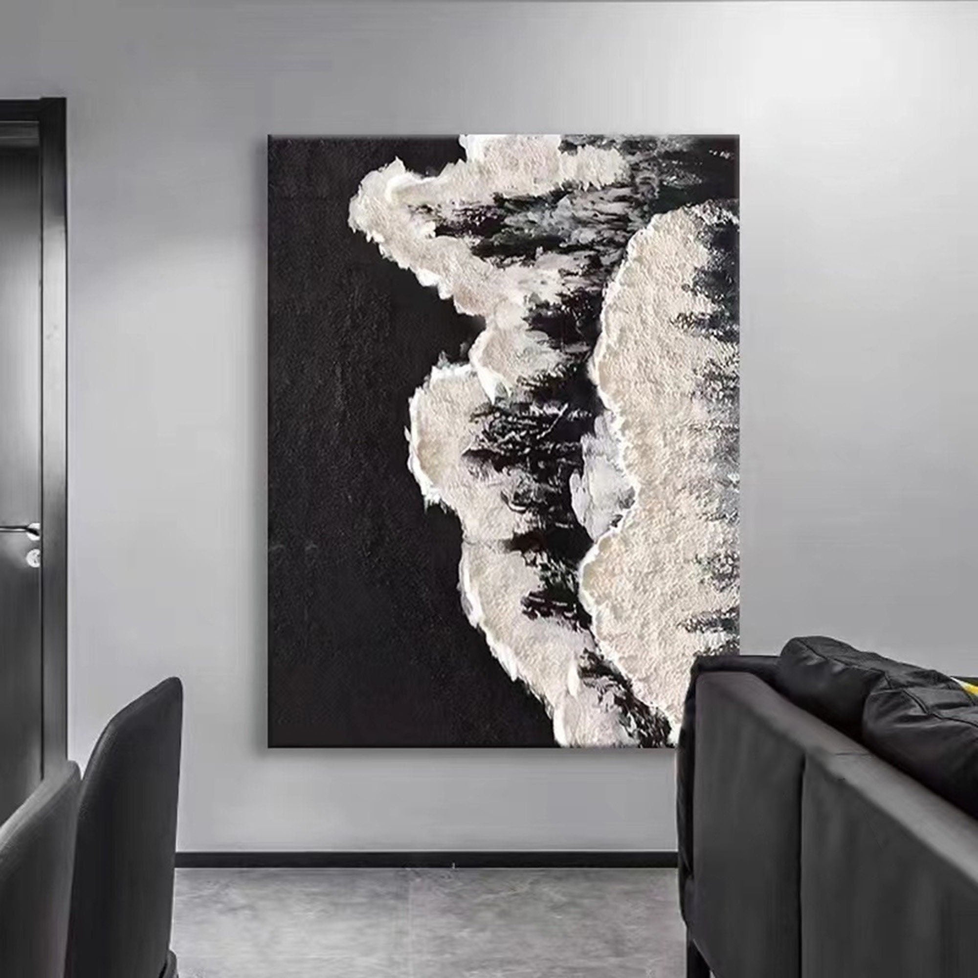 Textured White Form on Black Ocean, Minimalist Abstract Art #OP073