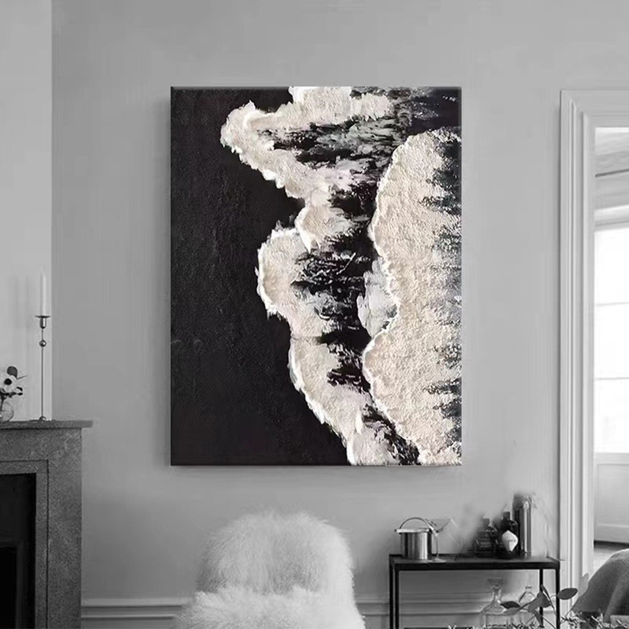 Textured White Form on Black Ocean, Minimalist Abstract Art #OP073