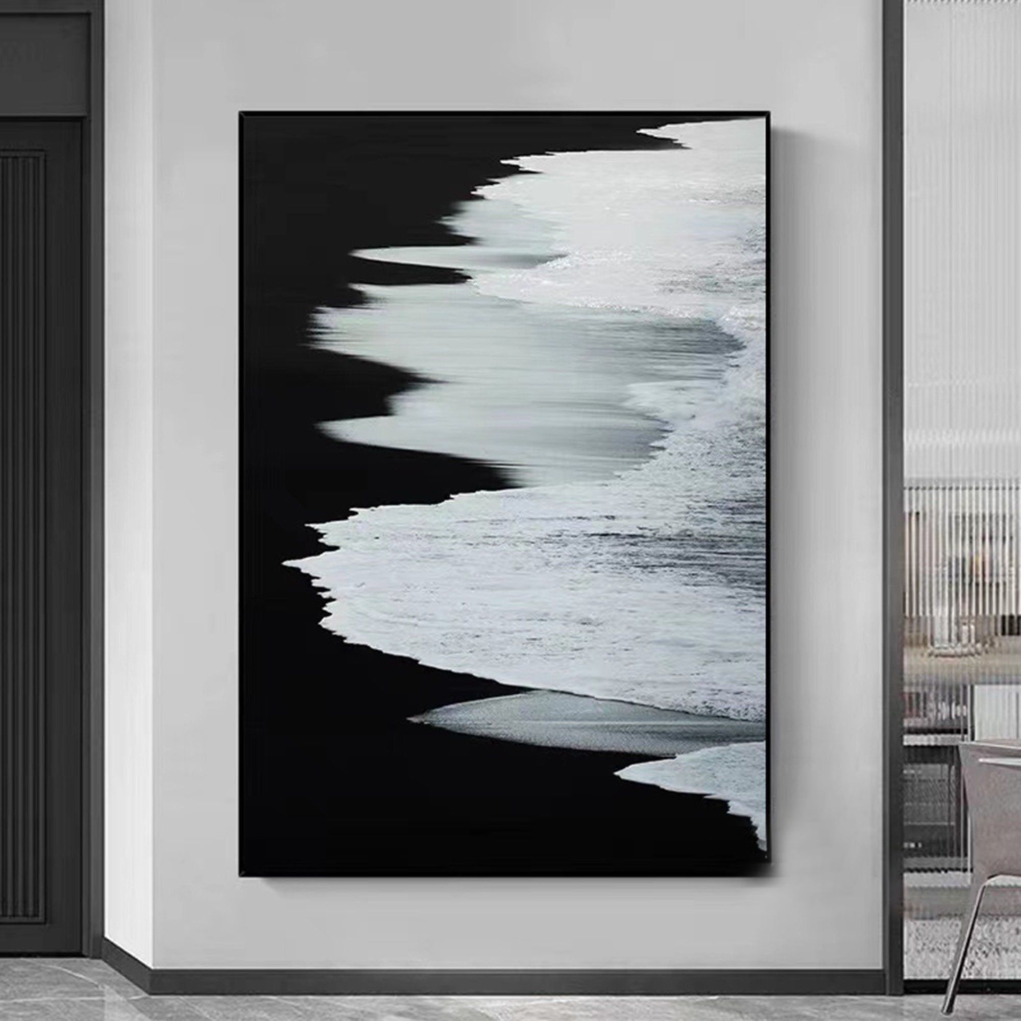 Energetic Black and White Ocean Minimalist Abstract Wall Art  #OP069