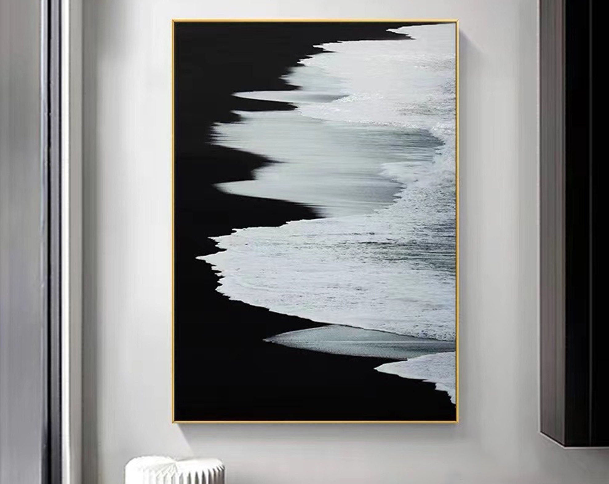 Energetic Black and White Ocean Minimalist Abstract Wall Art  #OP069