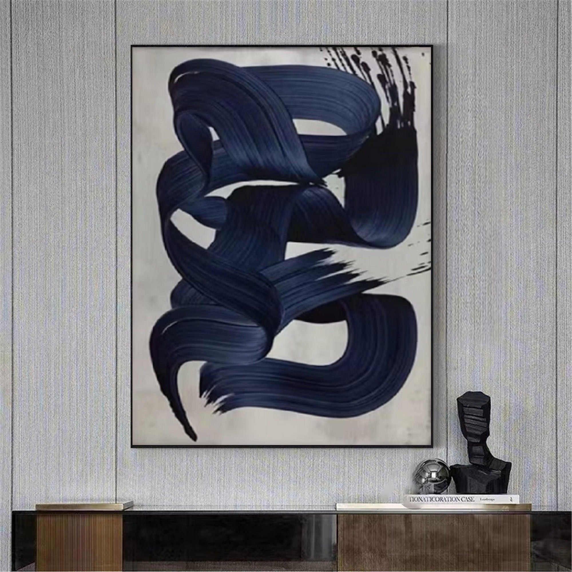 Large Blue Brushstroke Abstract Modern Canvas Art #MM279