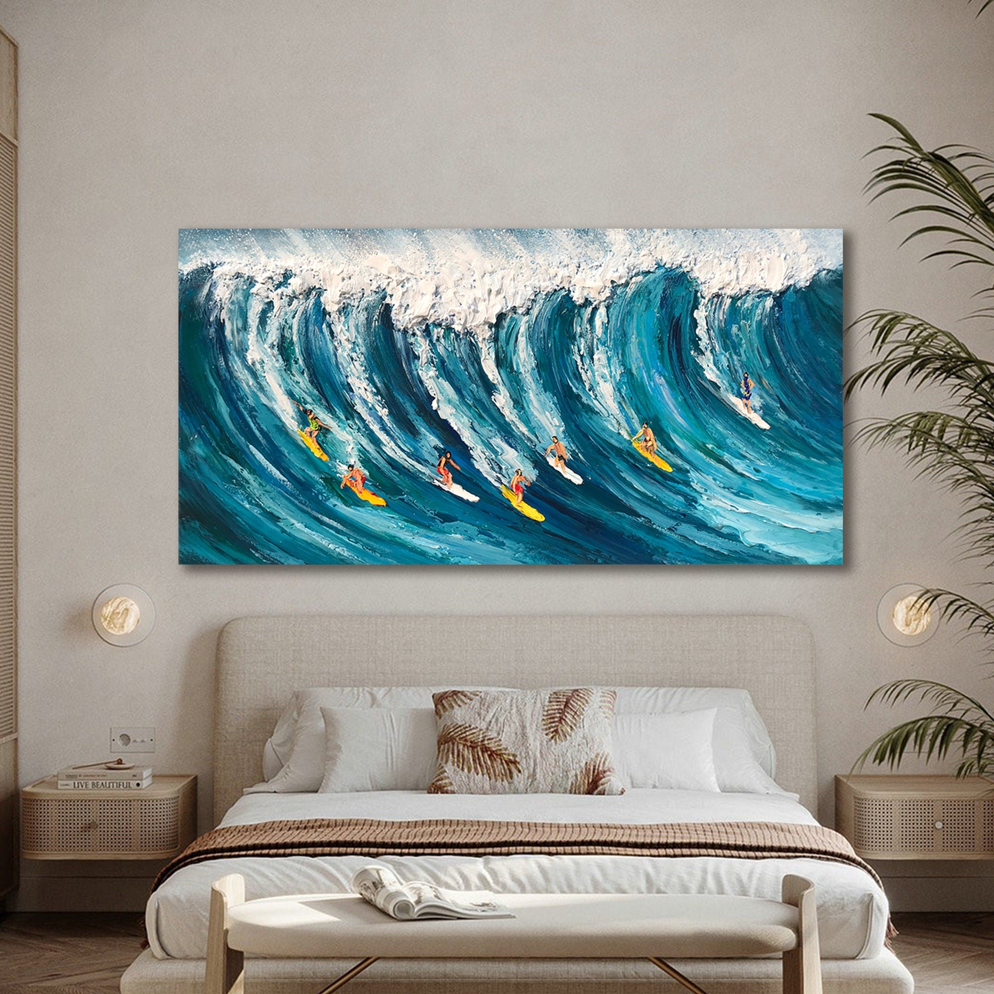 Dynamic Surfing In Textured Ocean Waves, Impasto Wall Art #SPA013