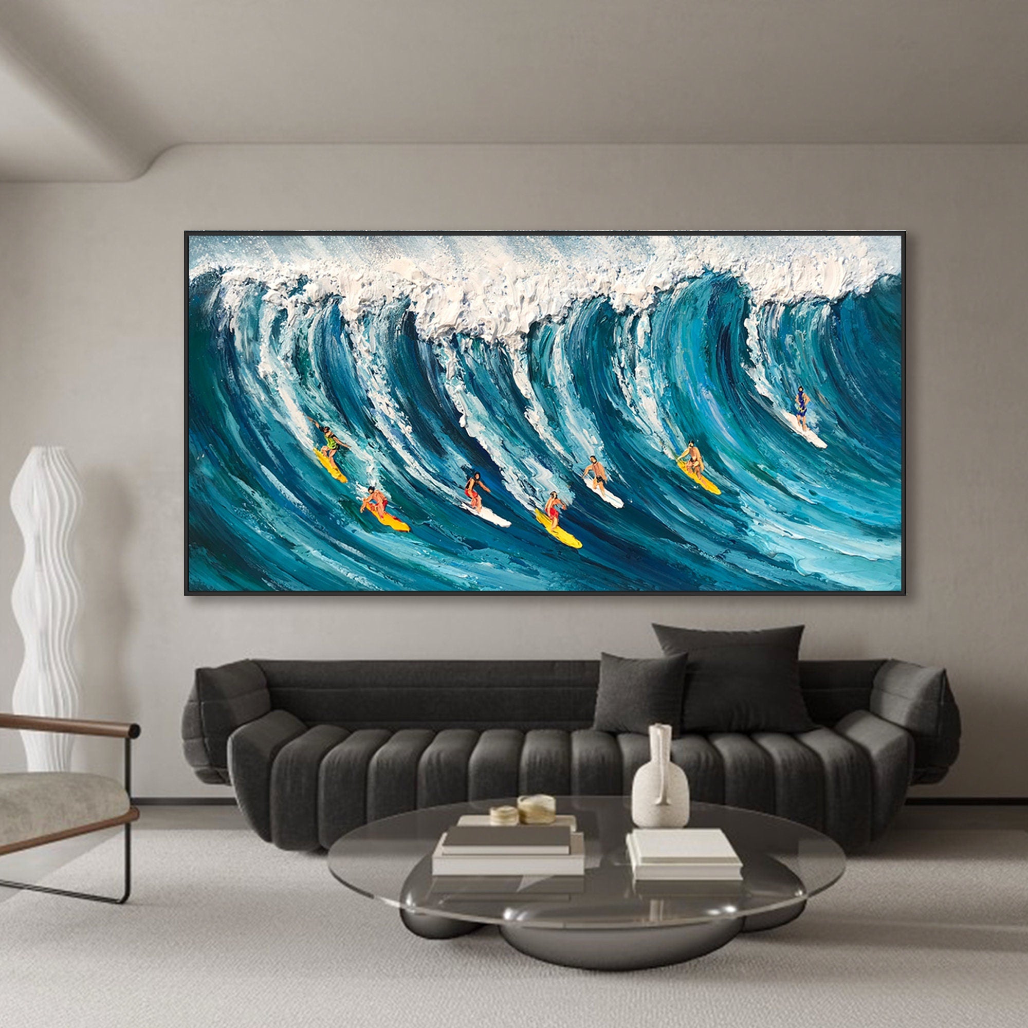 Dynamic Surfing In Textured Ocean Waves, Impasto Wall Art #SPA013