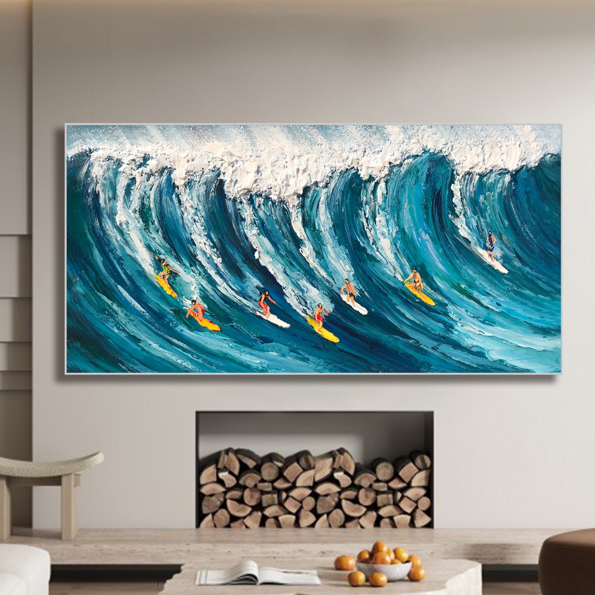 Dynamic Surfing In Textured Ocean Waves, Impasto Wall Art #SPA013