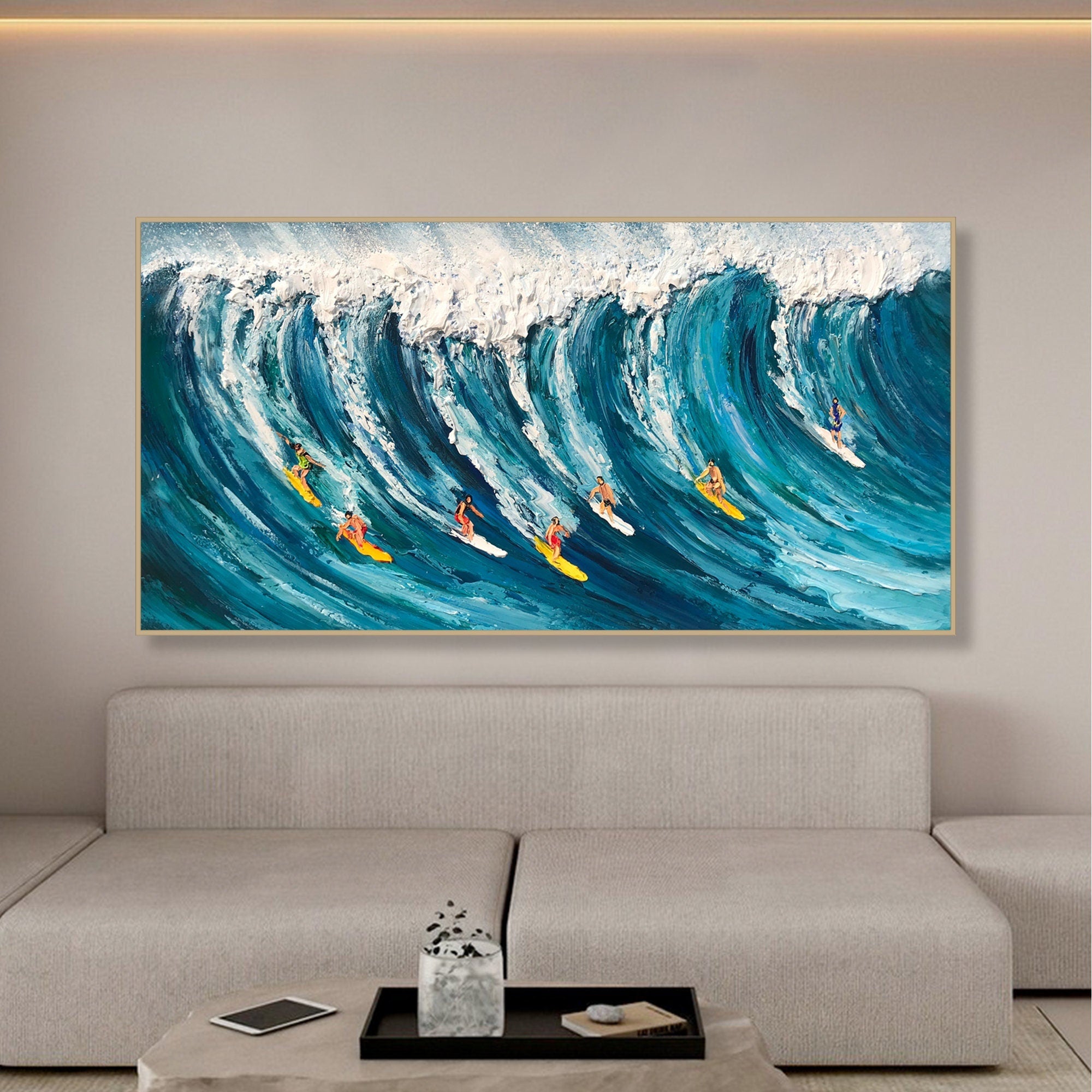 Dynamic Surfing In Textured Ocean Waves, Impasto Wall Art #SPA013