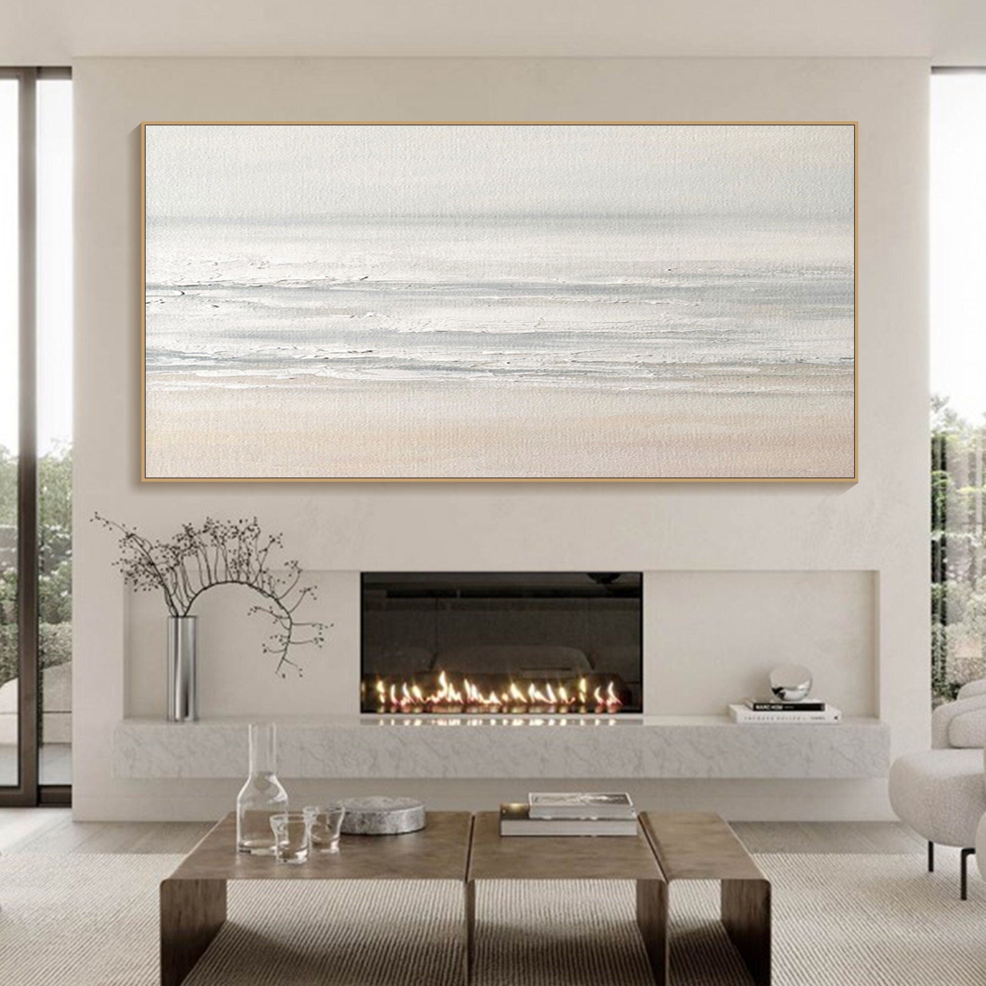 Beige and Blue Serene Beach Abstract, Minimalist Wall Art  #OP071