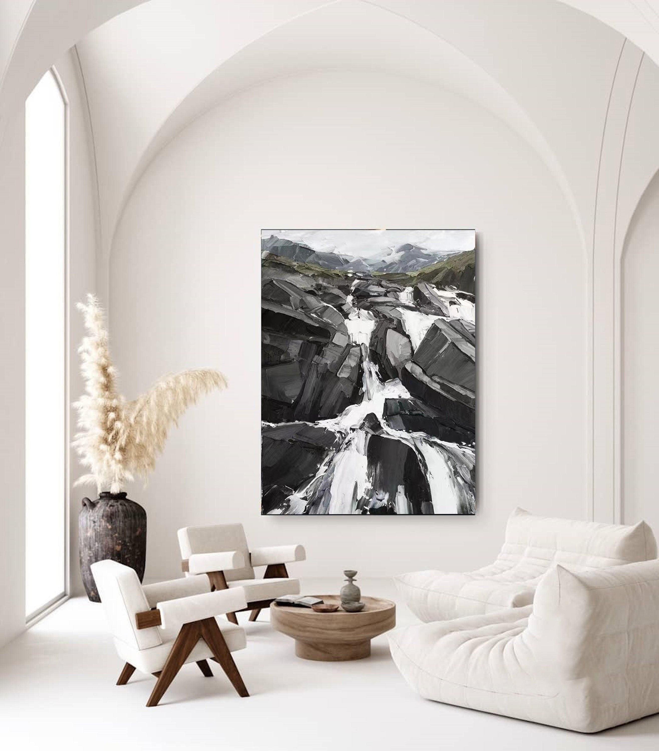 Black and White Textured Flowing Waterfall Landscape Canvas #MM300