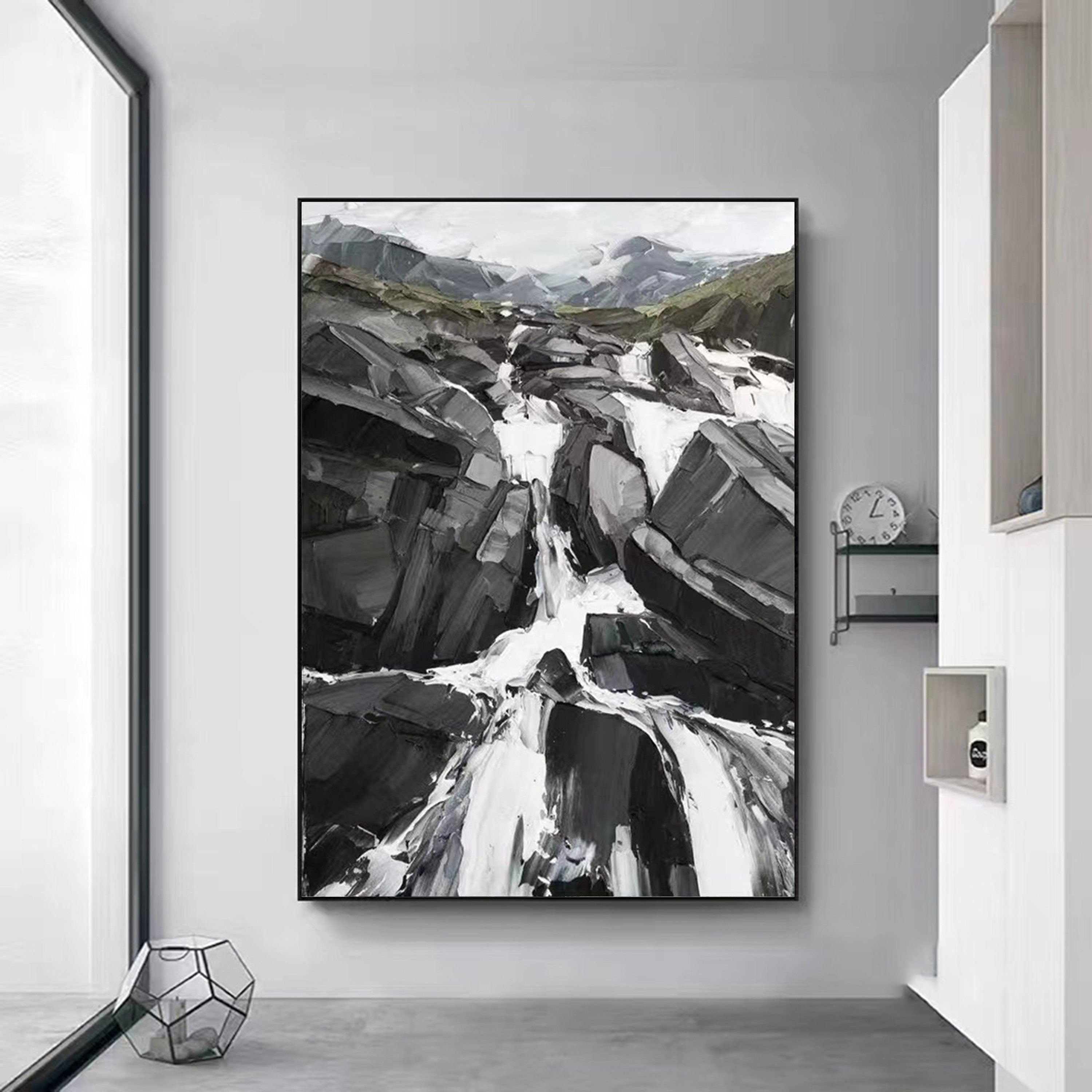 Black and White Textured Flowing Waterfall Landscape Canvas #MM300