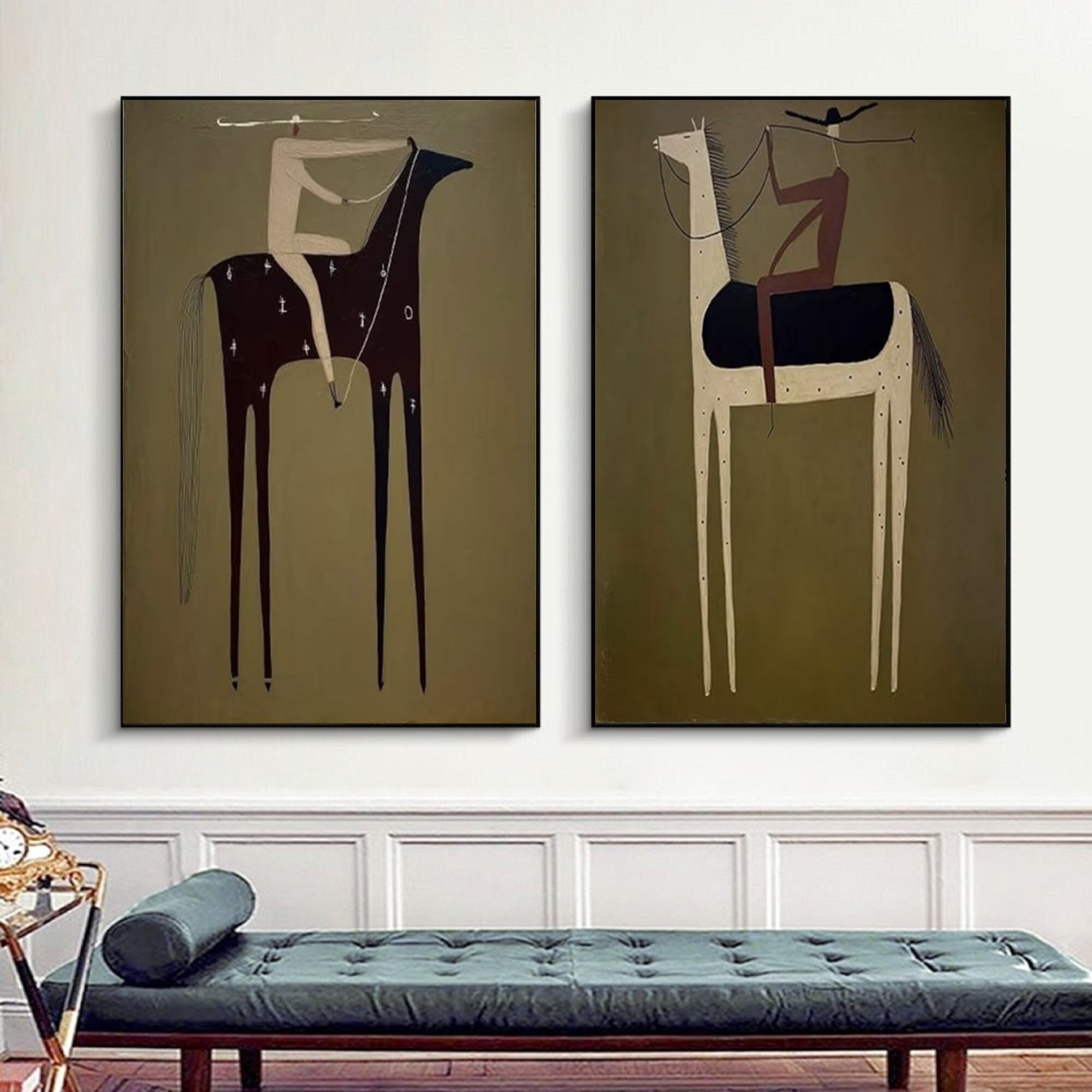 Large Luxury Horse Rider Canvas Art Contemporary Neutral Diptych Painting