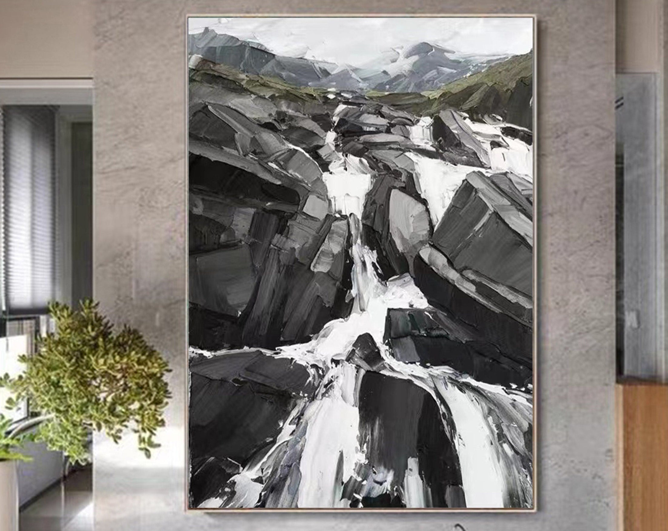 Black and White Textured Flowing Waterfall Landscape Canvas #MM300