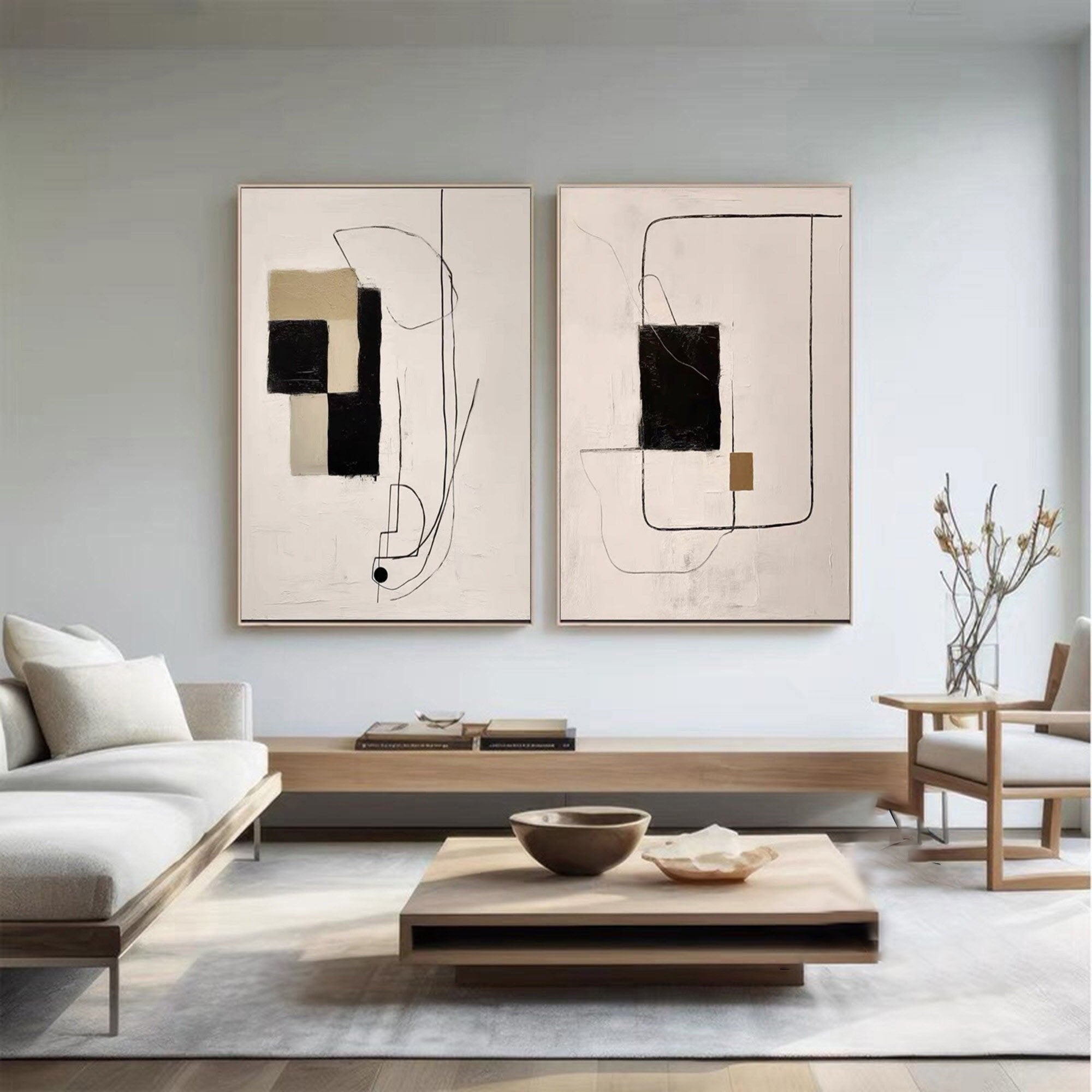 Neutral Tone Diptych with Black and Tan, Minimalist Wall Art #MM315