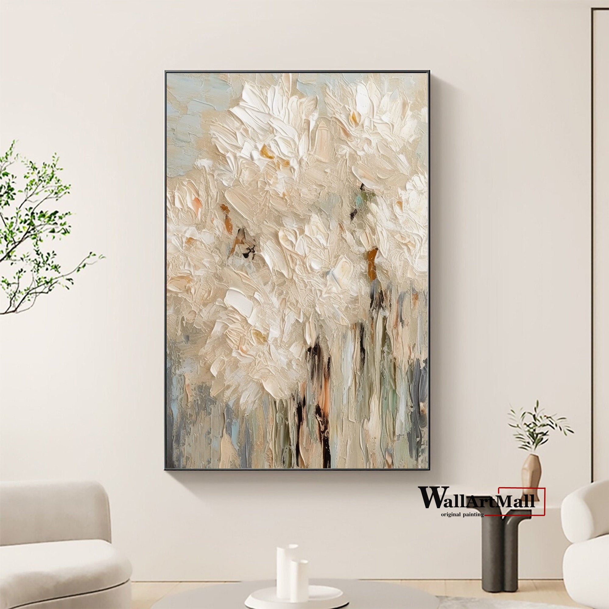 Neutral Textured Floral Canvas Modern Abstract Wall Art #FB035