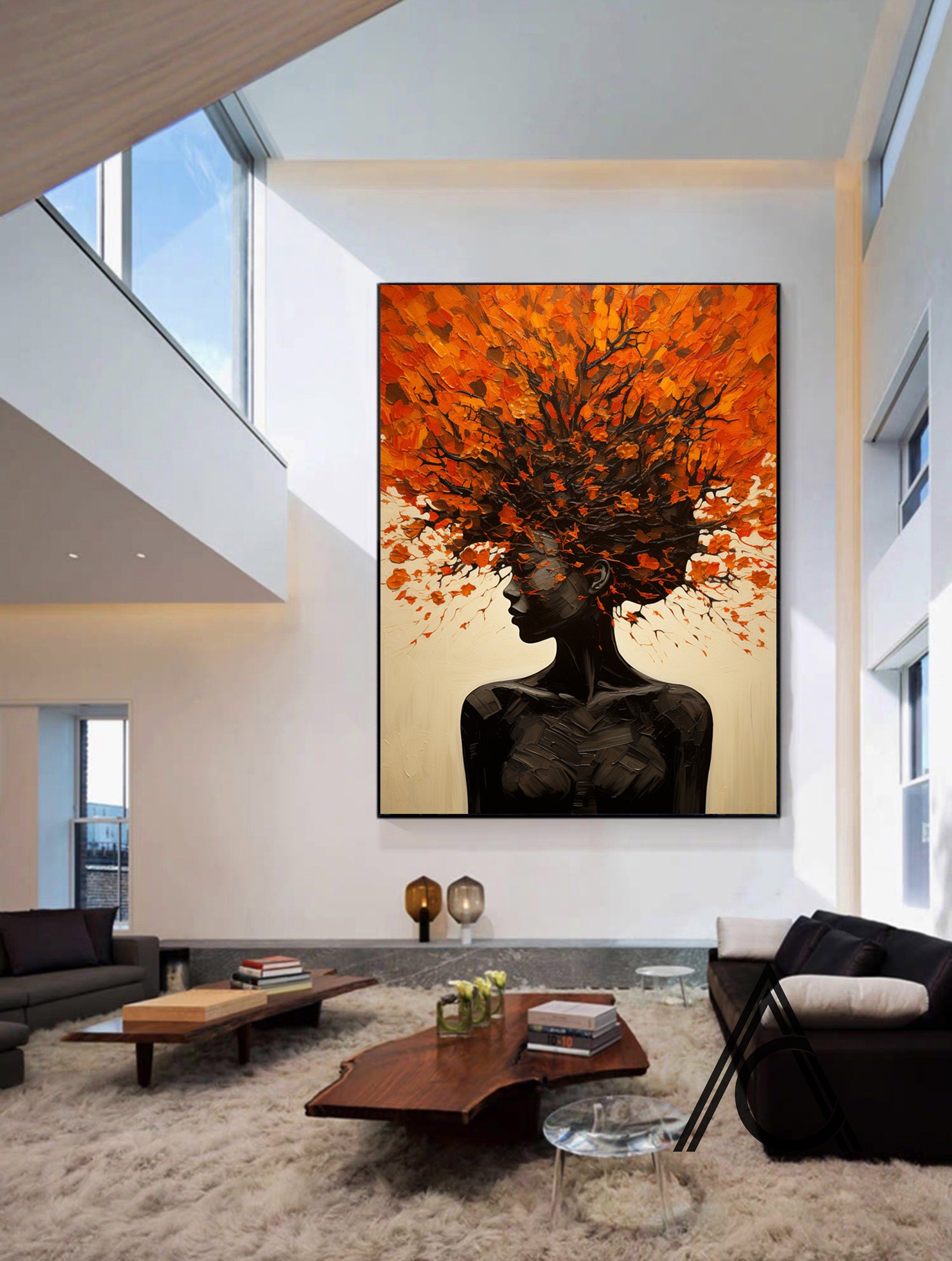 Large Textured Portrait in Black and Orange, Figurative Art #HF021