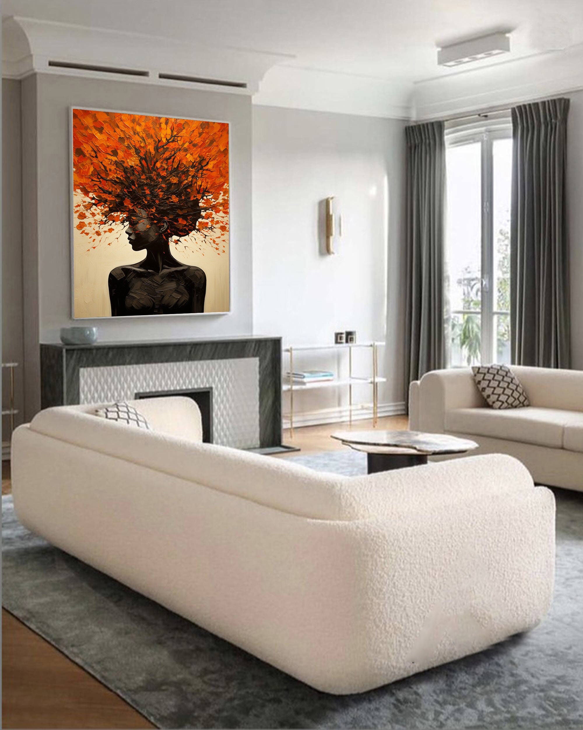 Large Textured Portrait in Black and Orange, Figurative Art #HF021