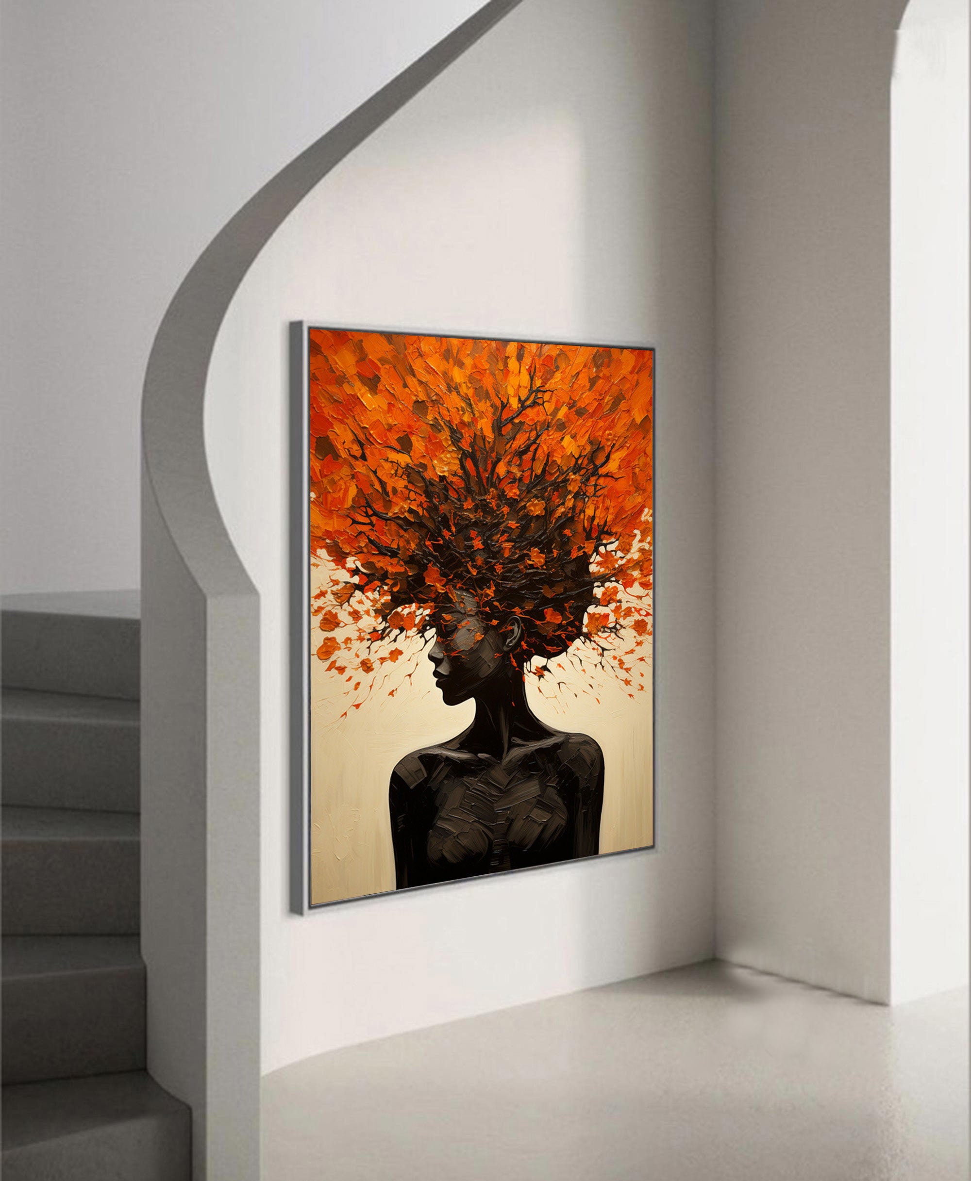 Large Textured Portrait in Black and Orange, Figurative Art #HF021