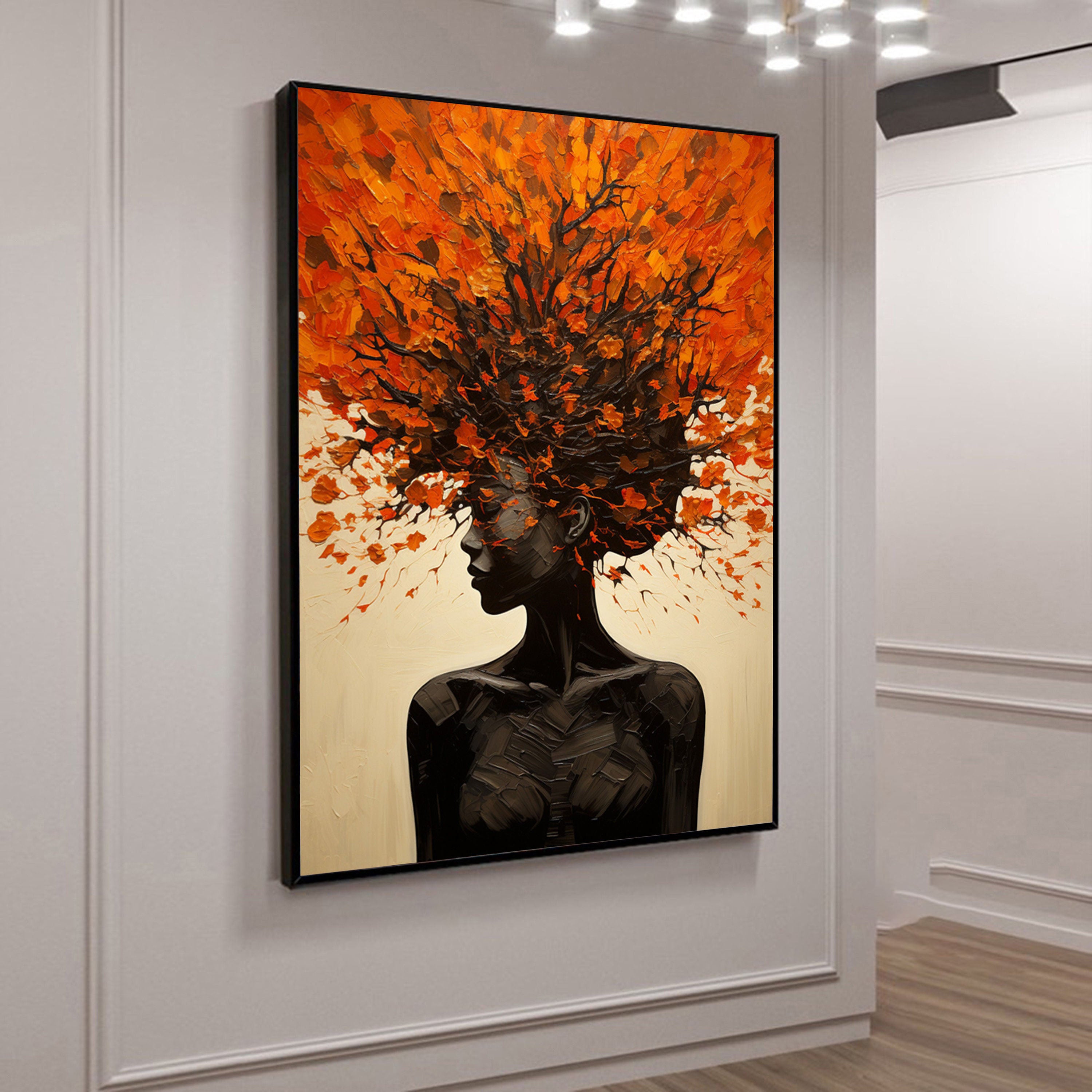 Large Textured Portrait in Black and Orange, Figurative Art #HF021